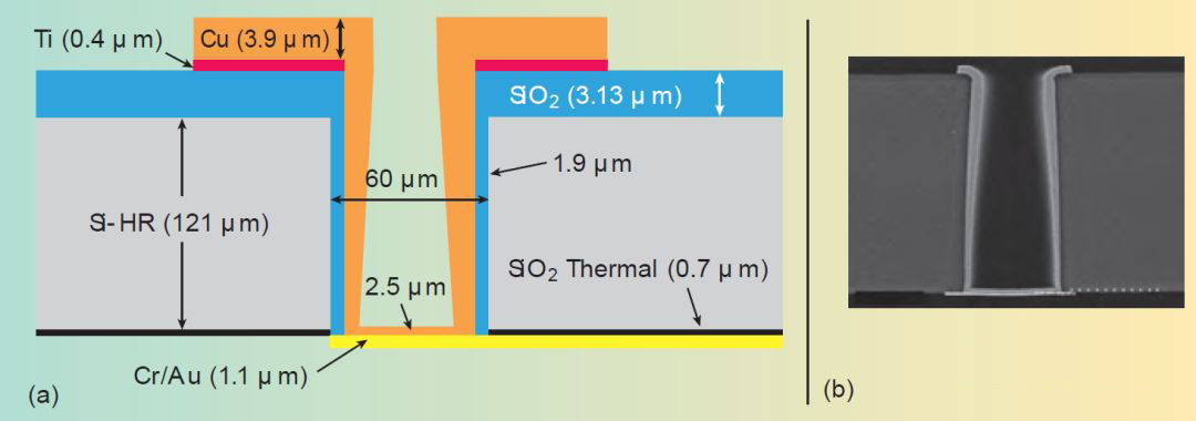 TSV鞋楦橫截面示意圖（a）和SEM視圖（b）