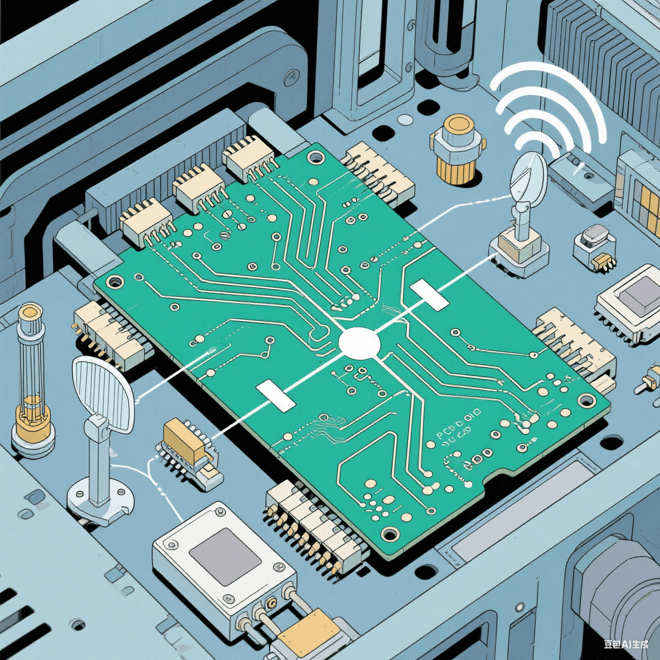 高頻通信設備中 PCB 陶瓷電路板的工作示意圖，顯示電路板上的高頻信號傳輸路徑，周圍有微波器件、天線等元件