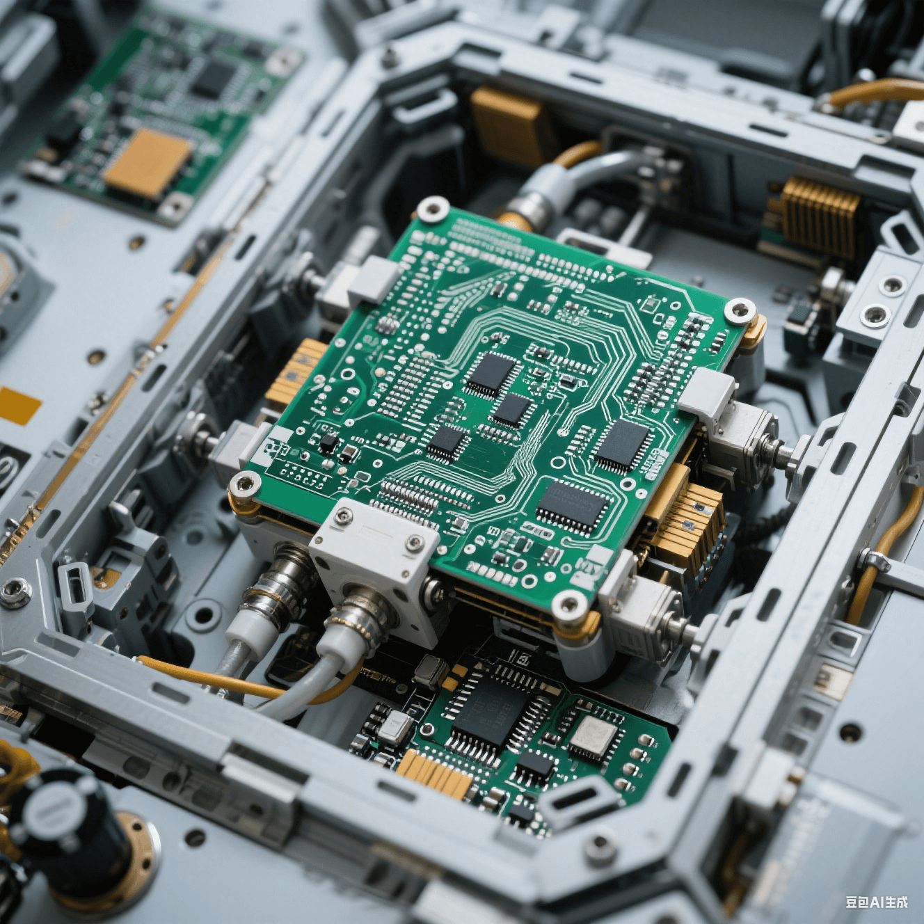 航空航天領(lǐng)域中使用的 PCB 陶瓷電路板圖片，展示其在衛(wèi)星星載電子設備中的安裝方式