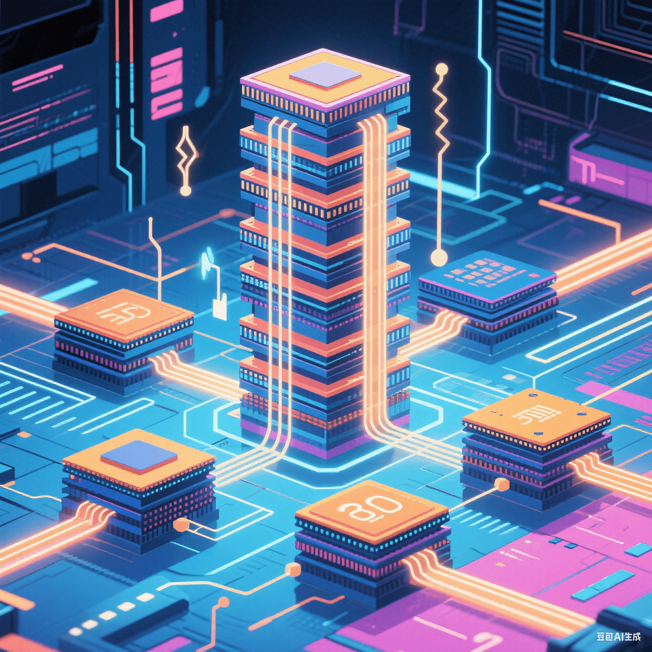 3D 封裝技術(shù)示意圖，多芯片堆疊通過 TSV 硅通孔互連，搭配微通道散熱結(jié)構(gòu)，呈現(xiàn) Chiplet 異構(gòu)集成場景。