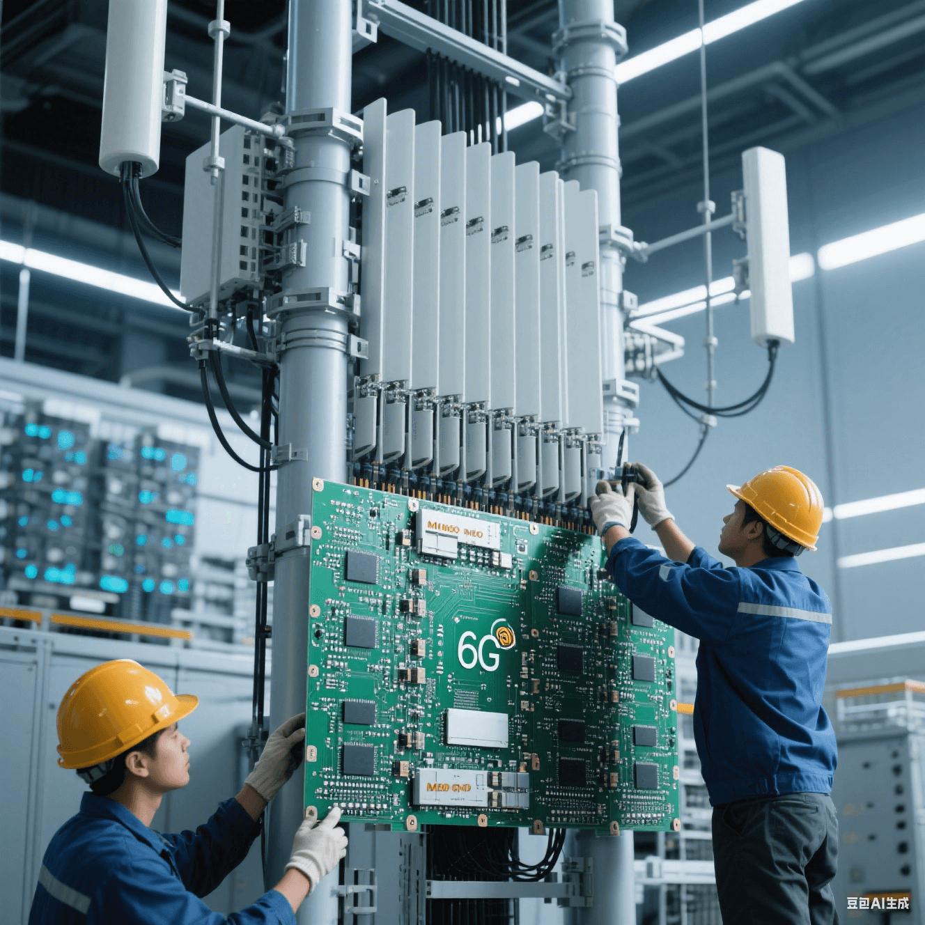 6G 基站中，超大規(guī)模 MIMO 天線與高速電路板集成，工人進(jìn)行安裝調(diào)試