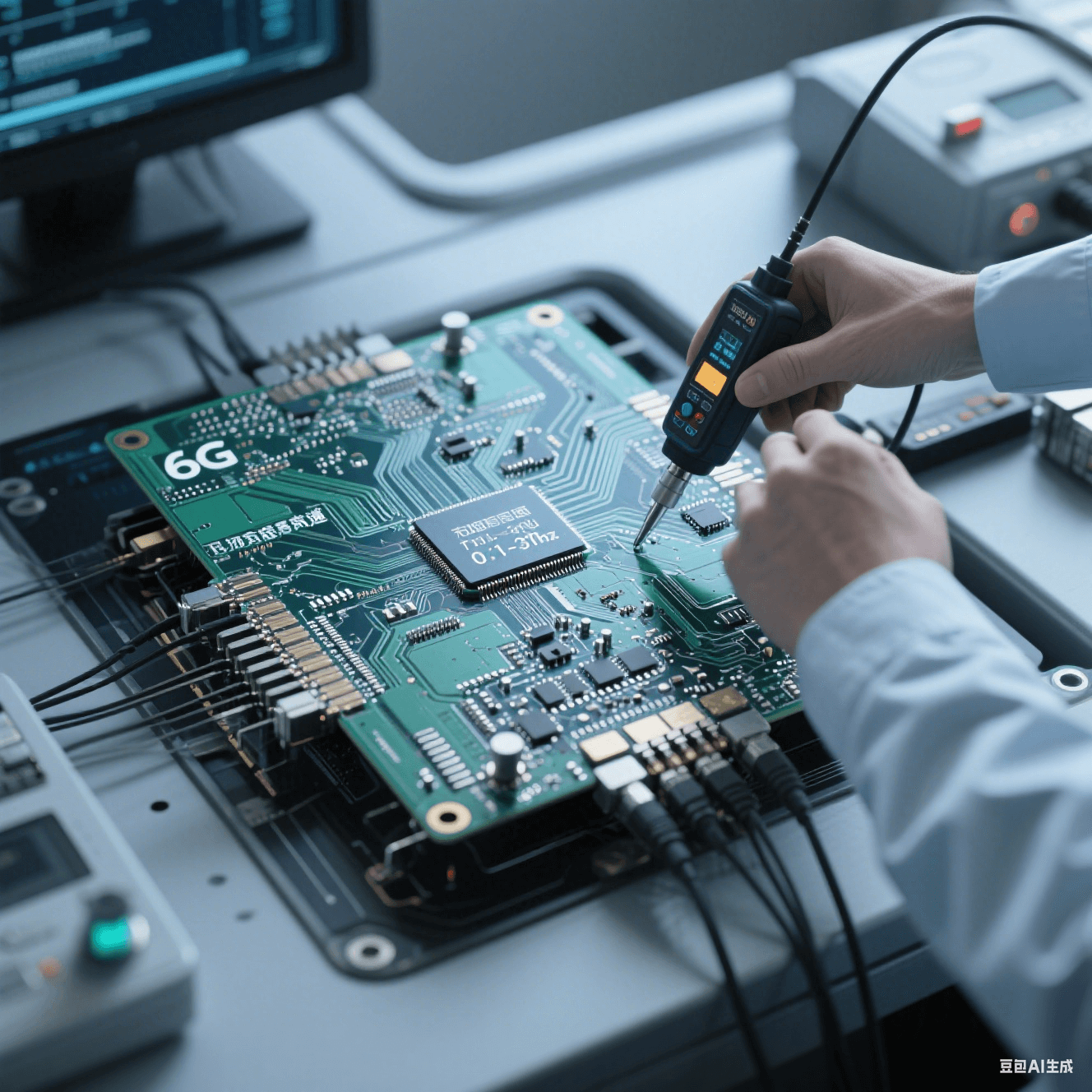 6G 通信高速電路板在太赫茲頻段（0.1 - 3THz）測試環(huán)境，工程師用儀器檢測阻抗控制和串?dāng)_抑制情況