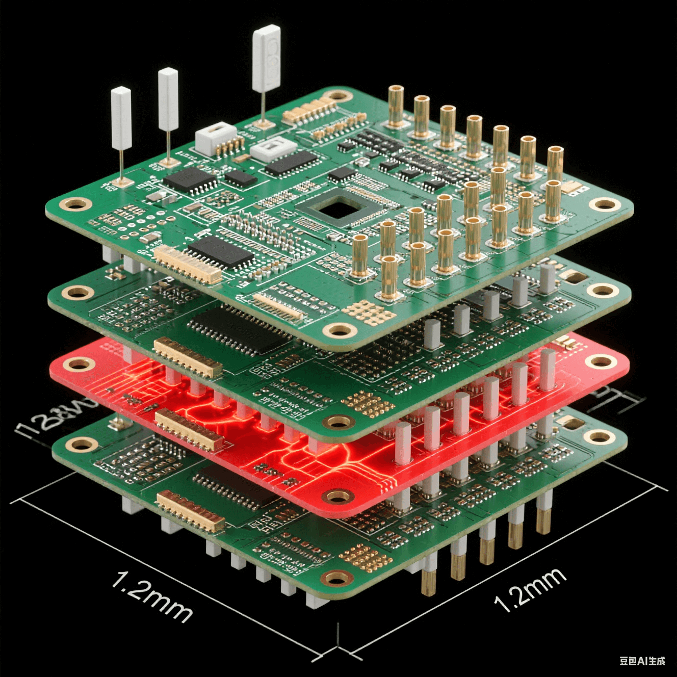128通道天線(xiàn)板爆炸視圖：射頻層/電源層/信號(hào)層堆疊結(jié)構(gòu)，熱通孔陣列散發(fā)紅色熱流