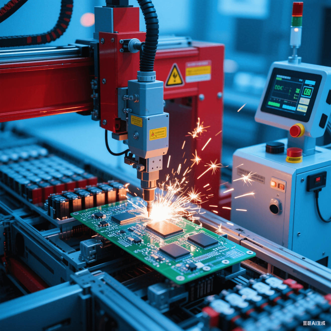 新能源汽車電池生產(chǎn)線中自動化設(shè)備焊接 BMS 板，焊接火花閃爍，旁側(cè)檢測設(shè)備監(jiān)控質(zhì)量