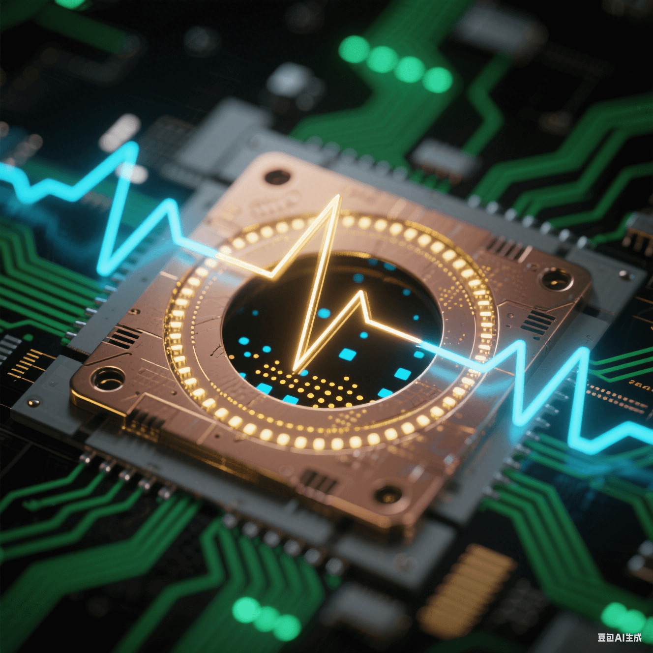 PCB 孔洞懸浮于深空黑背景，金色正向脈沖與藍(lán)色反向脈沖波形環(huán)繞，孔內(nèi)離子濃度以孔口稀疏藍(lán)點(diǎn)、孔底密集金點(diǎn)的漸變粒子流表現(xiàn)