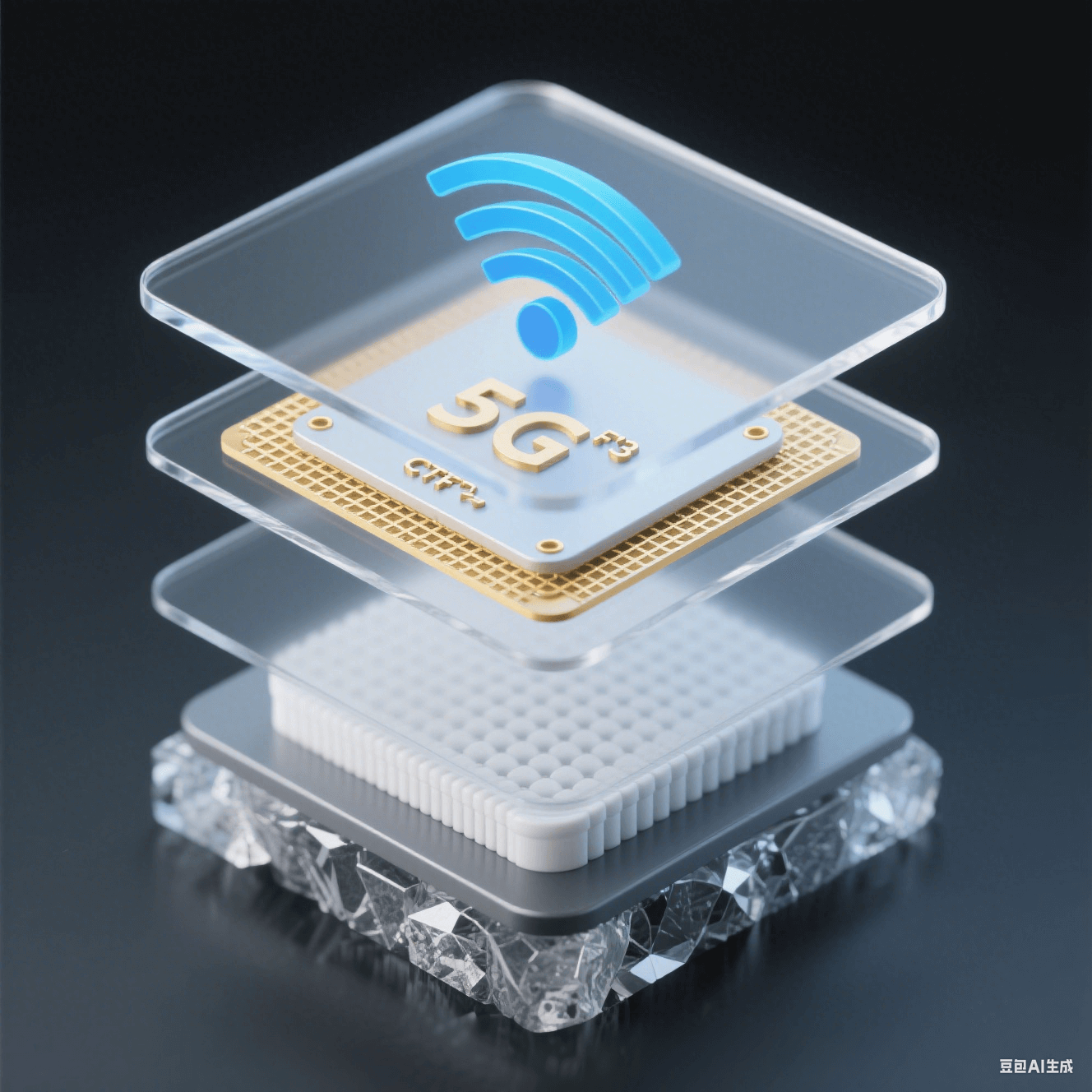 5G 天線(xiàn)模組分層結(jié)構(gòu)：含氟聚酰亞胺基板 (Dk=2.8) 與陶瓷填充 PTFE 協(xié)同降低信號(hào)損耗 40%