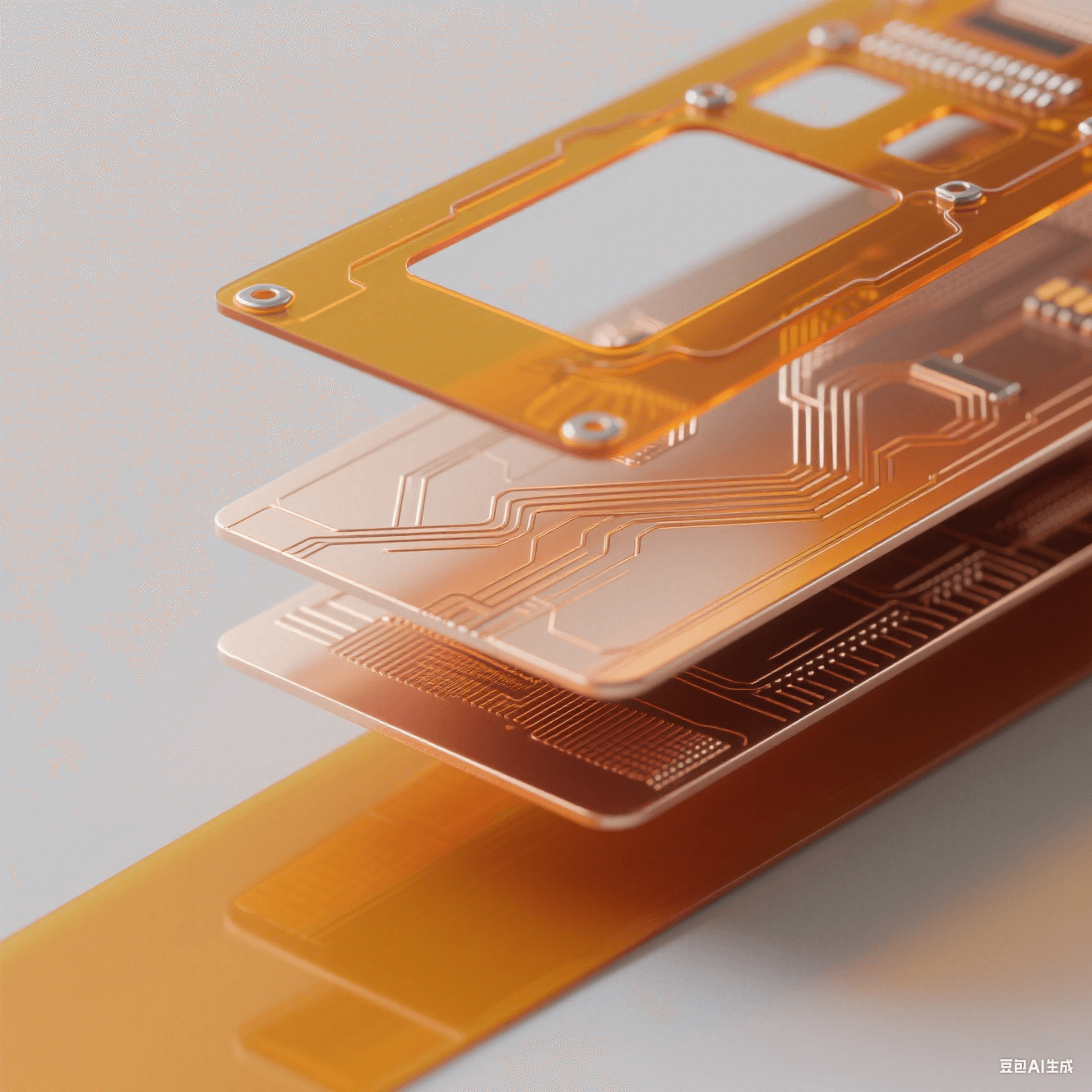 聚酰亞胺柔性板(PI FPC)核心結(jié)構(gòu)分解圖：展示PI基材、銅線路層與PI覆蓋膜