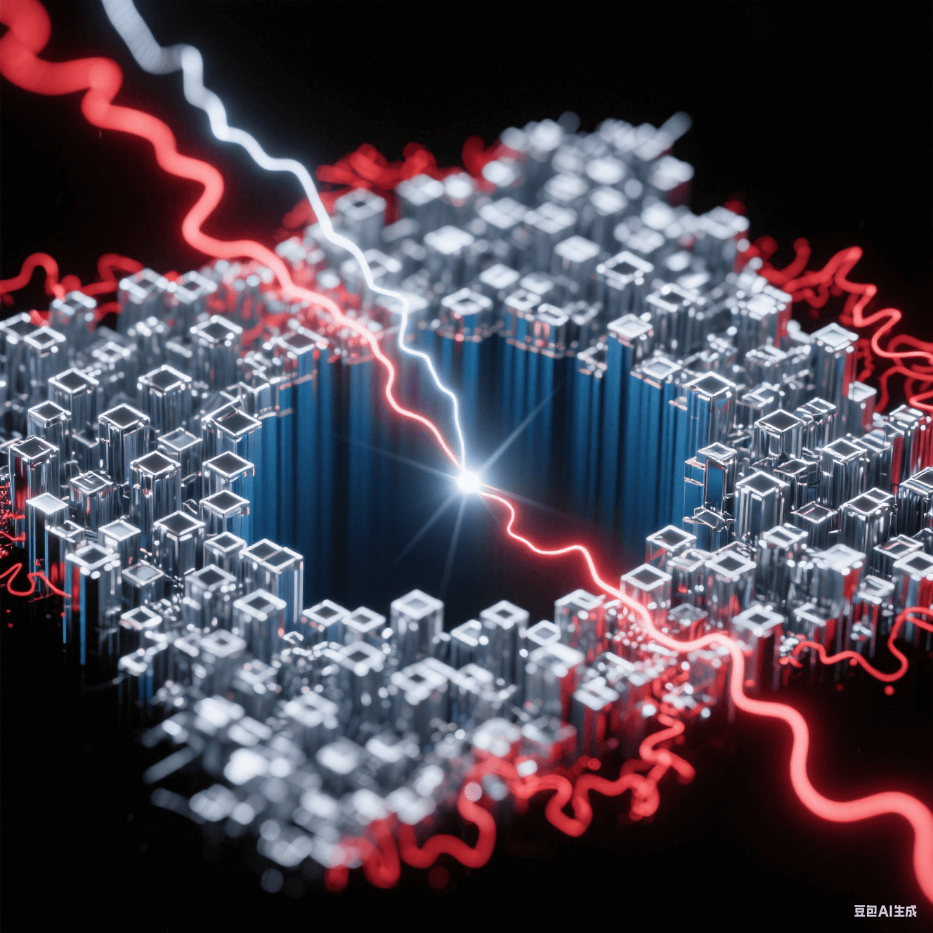銀色正向電流束在深藍孔底構(gòu)建致密晶體矩陣，紅色反向電流波紋溶解邊緣毛刺，金屬離子流呈現(xiàn)粒子軌跡追蹤特效