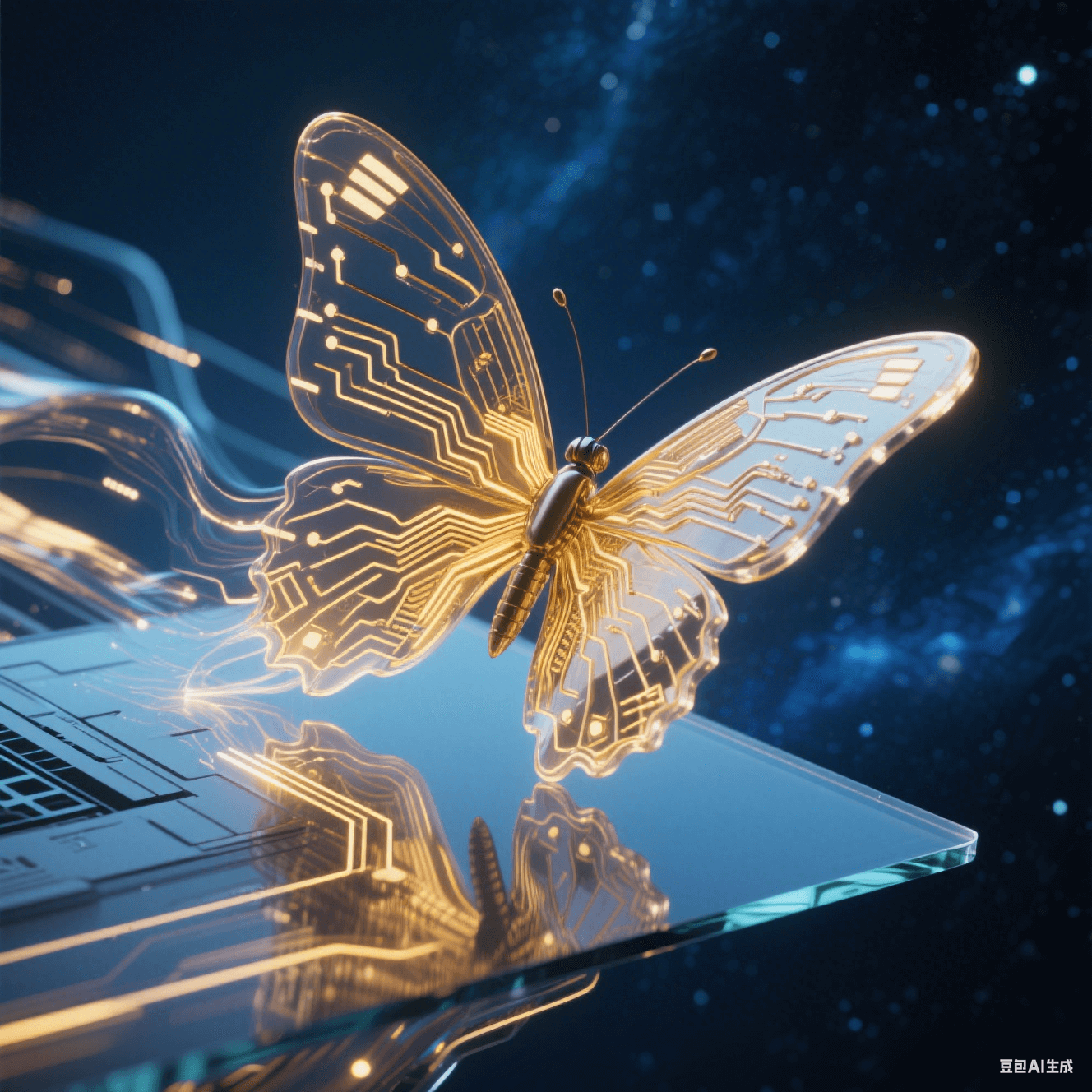 未來主義電子蝴蝶：半透明金色多層電路板如蝶翼般從玻璃基板破繭而出，流光粒子在柔性折疊處流動，背景深藍宇宙星塵
