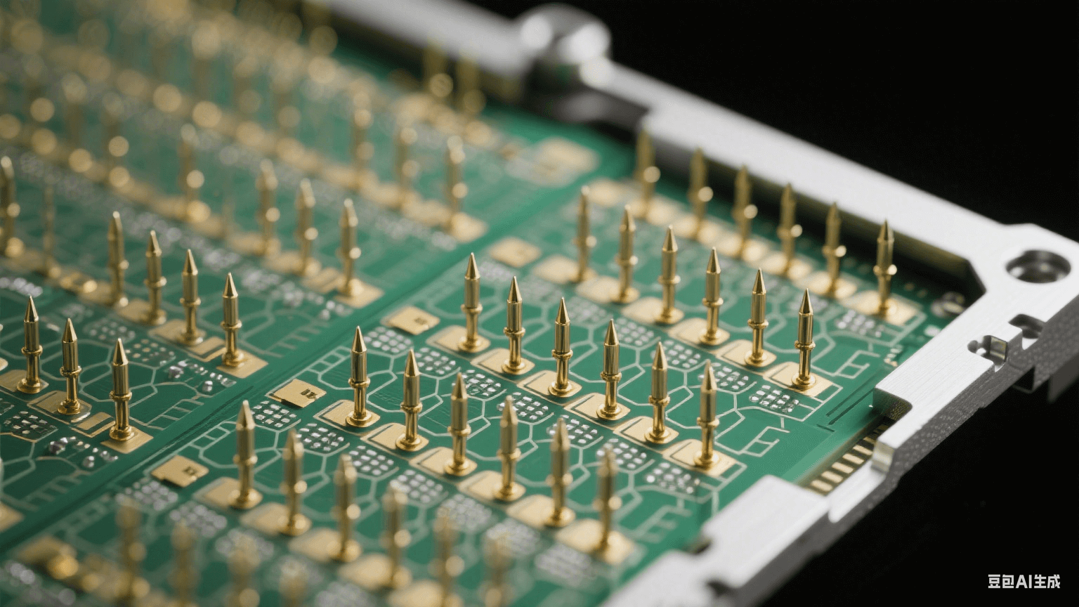 晶圓探針卡顯微結(jié)構(gòu)：殷鋼框架蜂窩陣列探針，3μm鍍金針尖以8-12gf接觸力壓接30μm焊盤，聚酰亞胺應(yīng)力緩沖層釋放機(jī)械應(yīng)力，翠綠色EMI屏蔽網(wǎng)隔離信號通道