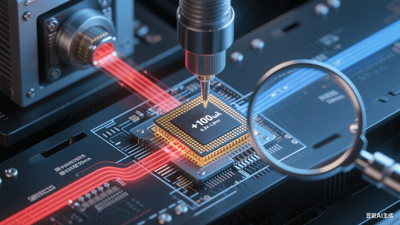 ATE測試信號閉環(huán)流程圖：紅色激勵信號經(jīng)50Ω微帶線輸入BGA芯片，金色響應(yīng)信號返回ATE機(jī)臺，顯微特寫顯示±100μA電流在0.3V-0.8V保護(hù)二極管測試區(qū)間