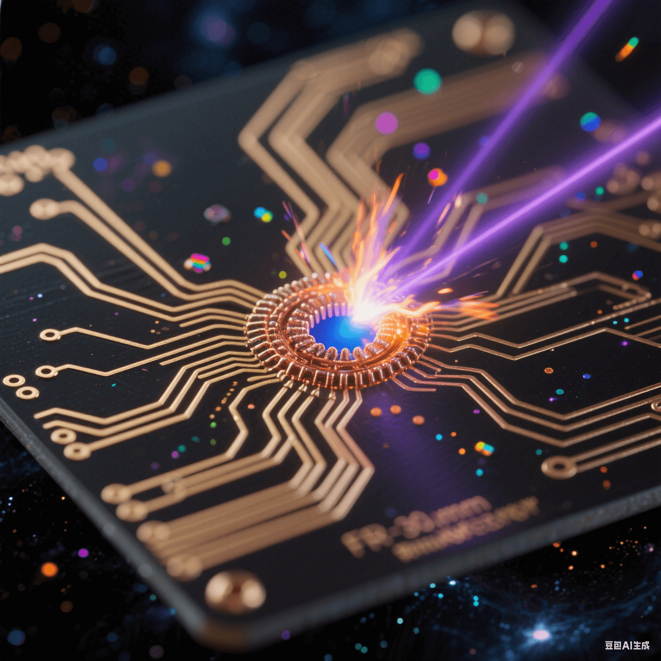 納米級電路激光雕刻：微觀視角下紫色光束在黑色基板上生成金色蛛網(wǎng)線路