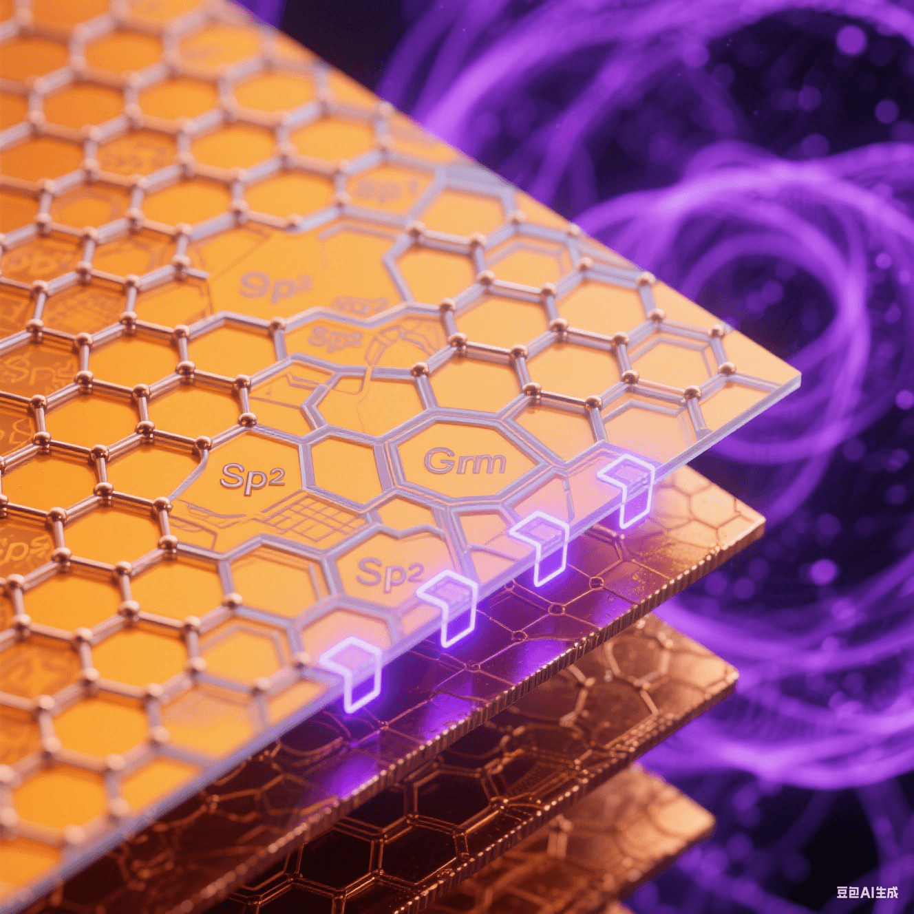 透射電鏡風格界面層：橙黃銅晶格表面覆蓋碳六邊形網(wǎng)絡(luò)，鍵合處泛藍紫量子輝光，深紫電子云背景