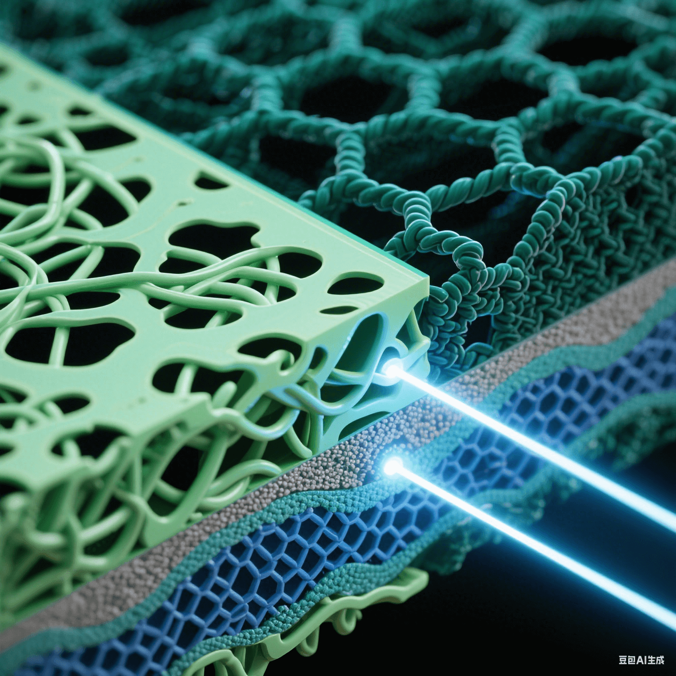 納米級樹脂剖面藝術(shù)圖：左側(cè)淺綠松散分子鏈含黑色孔隙，右側(cè)墨綠致密交聯(lián)網(wǎng)絡(luò)呈剛性六邊形，青白紫外光束穿透層間