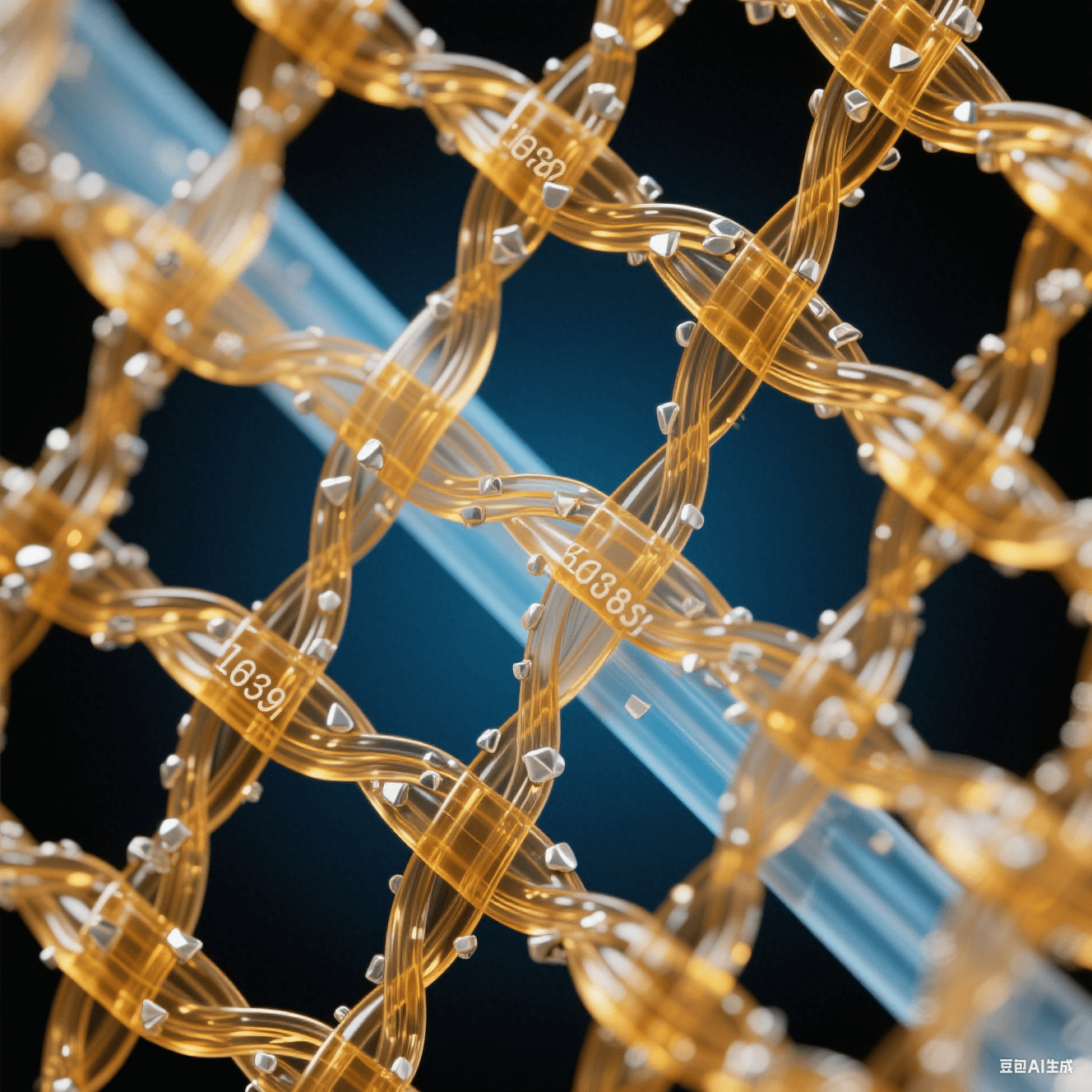 透明玻璃纖維束嵌入琥珀色環(huán)氧樹脂網(wǎng)格，表面附著銀白色納米顆粒，冷藍背光突顯三維網(wǎng)狀復(fù)合結(jié)構(gòu)