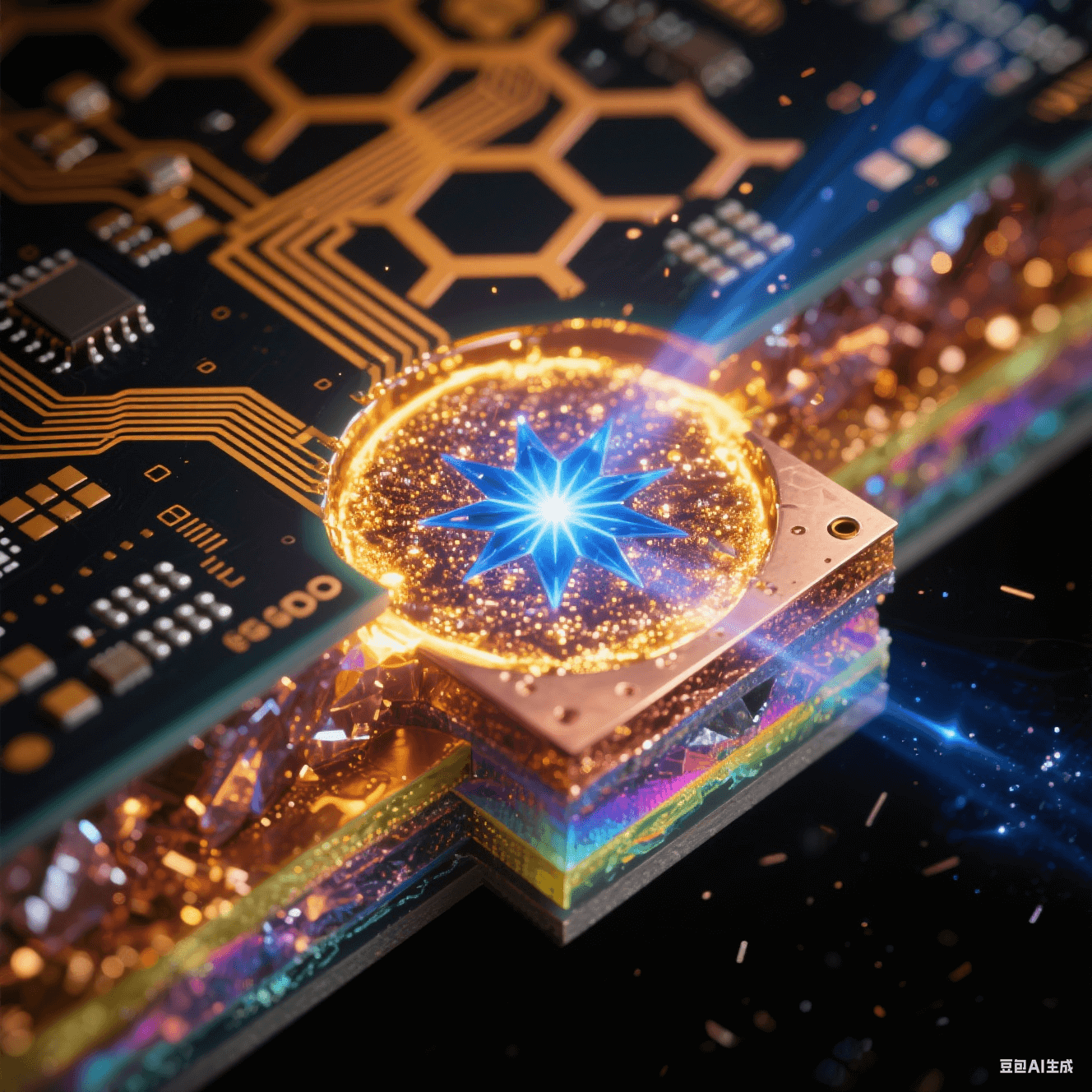 超流體動(dòng)力學(xué)渲染的多層HDI板4D集成概念，液態(tài)光子流在透明基板立體通道穿行，鉆石微粒元件自組裝，詮釋任意層互連技術(shù)的量子級(jí)演進(jìn)