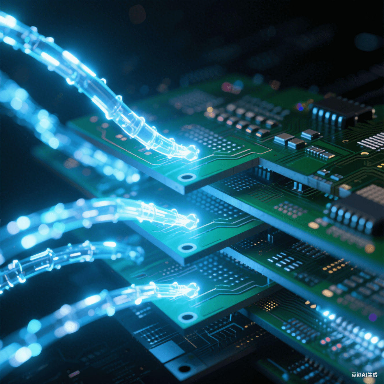 抽象光跡呈現(xiàn)多層電路板內(nèi)部電磁脈沖流沿微孔矩陣躍遷，藍(lán)白信號(hào)束在深黑PCB截面散射虹彩，詮釋高頻高速板的信號(hào)完整性設(shè)計(jì)原理