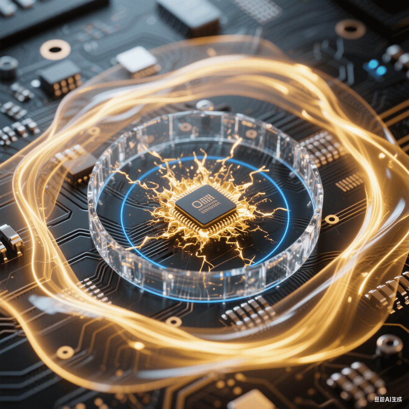 黑色PCB芯片爆發(fā)環(huán)狀金色能量波形成閉合光環(huán)，透明水晶屏障截?cái)嗦窂?，藍(lán)色同心圓阻尼波從電容區(qū)擴(kuò)散