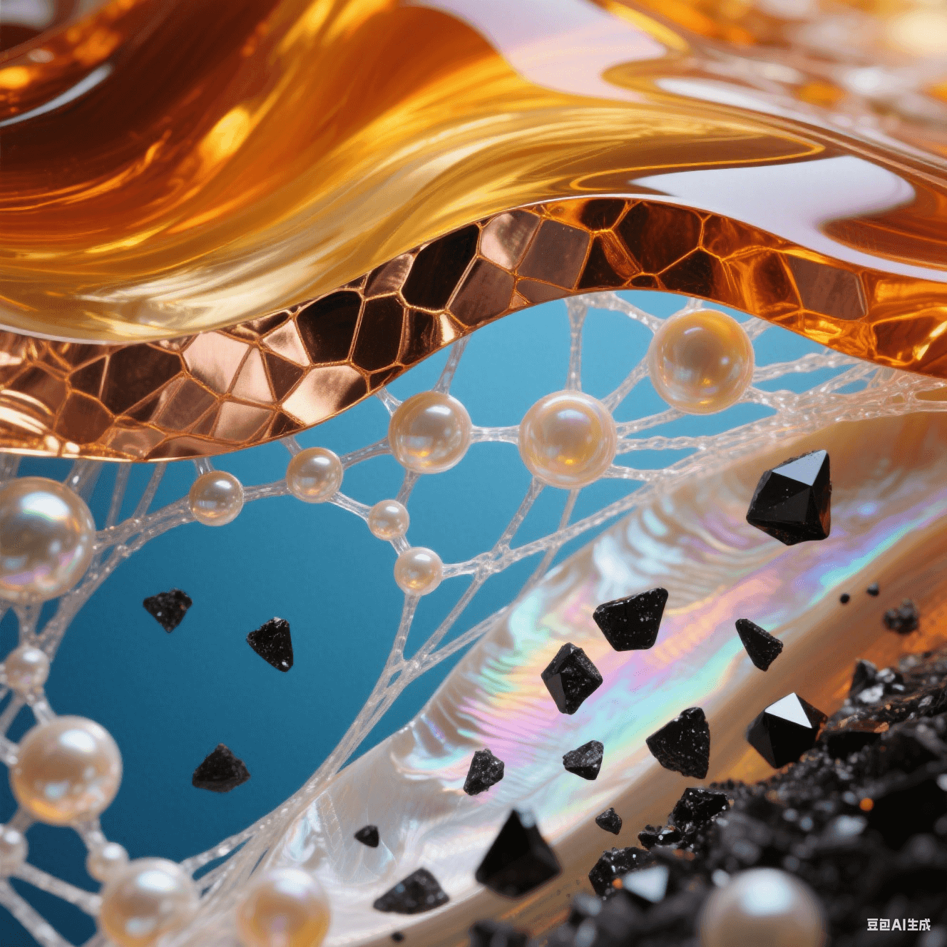 琥珀色樹脂與鎏金銅箔分離，層間涌出珍珠母貝氣泡，玻璃纖維化作發(fā)光絲線，藍(lán)橙熱應(yīng)力波與虹光結(jié)晶交織的動(dòng)力學(xué)美學(xué)場景