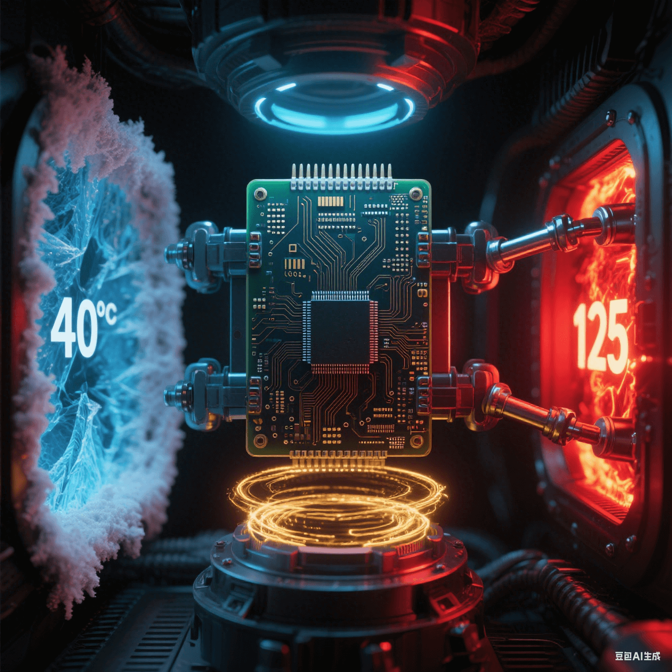 電路板極端環(huán)境測試艙 - 左側(cè) - 40℃冰藍色結(jié)霜區(qū)域 - 右側(cè) 125℃熾熱發(fā)紅焊點 - 中央板體機械振動 - 應(yīng)力釋放槽周圍金色能量漣漪 - 全黑背景紅光藍光照明