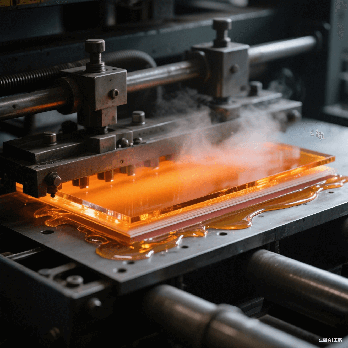 工業(yè)級層壓機工藝特寫 - 鋼板夾層中琥珀色樹脂高溫流動 - 350psi 壓力形成薄介質(zhì)層 - 分層材料邊緣晶瑩膠體 - 熱壓板反射熾熱橙光 - 深灰機械結(jié)構(gòu)與蒸汽朦朧效果