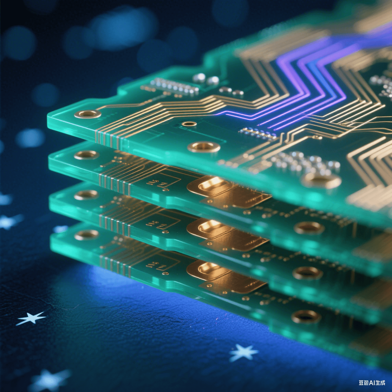 多層電路板剖面透視圖：翡翠綠半透明基材中嵌入黃金銅箔走線，表面流動藍紫色光軌，深藍地平面泛光暈，冷白星點懸浮背景，啞光過孔陣列貫穿層間