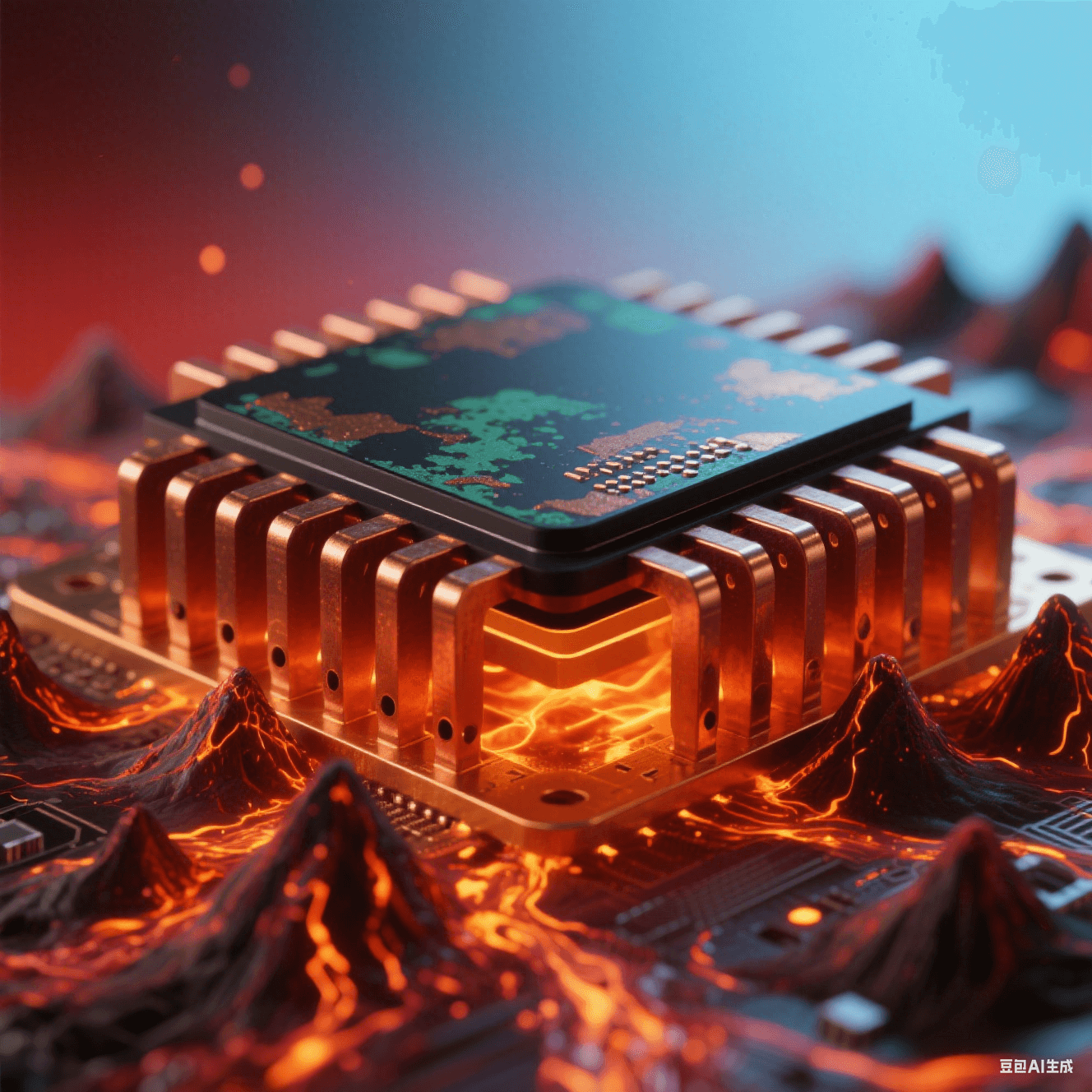 陶瓷黑芯片底部延伸赤銅散熱片，密集火山狀散熱孔噴發(fā)橙紅粒子流，熔金液態(tài)銅箔蒸騰熱浪，氧化銅綠斑與金屬反光在紅藍漸變背景中交織