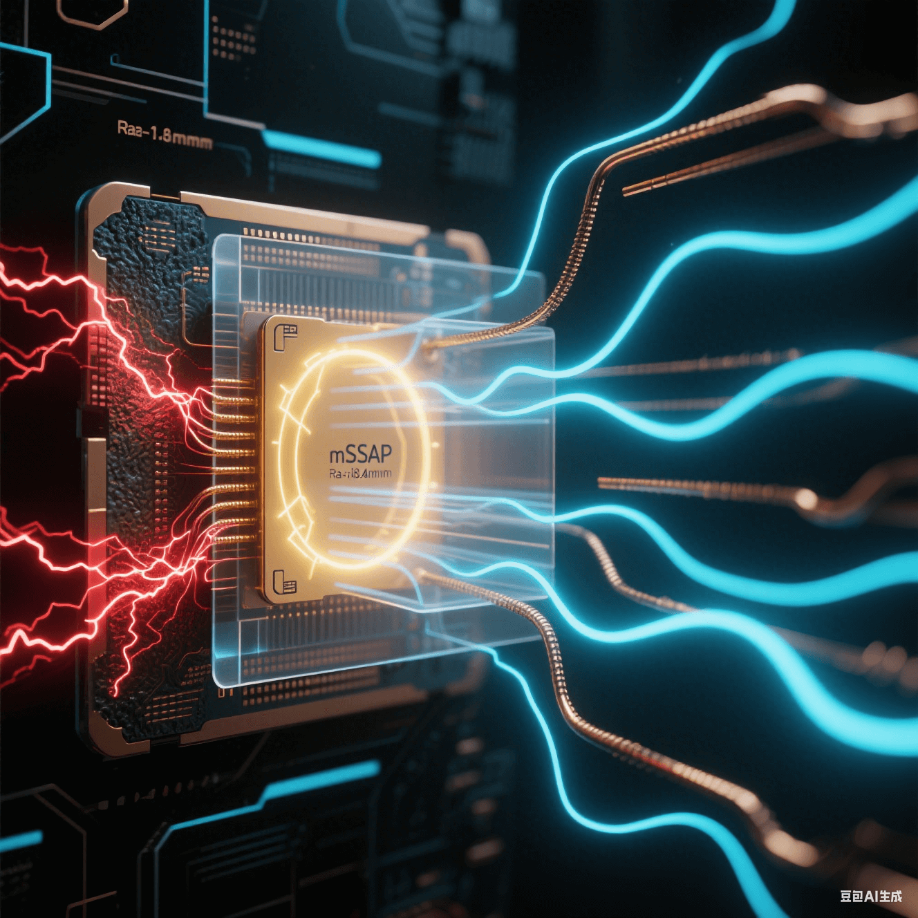 暗黑空間中高頻信號傳輸對比，左側(cè)粗糙銅線（Ra>1.8μm）電流紊亂如紅色閃電，右側(cè) mSAP 光滑銅線（Ra<0.4μm）電流均勻如藍(lán)色絲綢，金色電磁波束穿透透明介質(zhì)