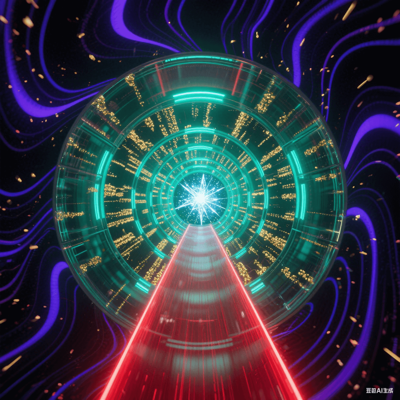 透明隧道壁嵌自旋金粒子陣列，外部紫黑波紋撞擊濺射靛藍(lán)漣漪，中央猩紅光束直線疾馳，壁面折射無限延伸的熒光綠遞歸結(jié)構(gòu)