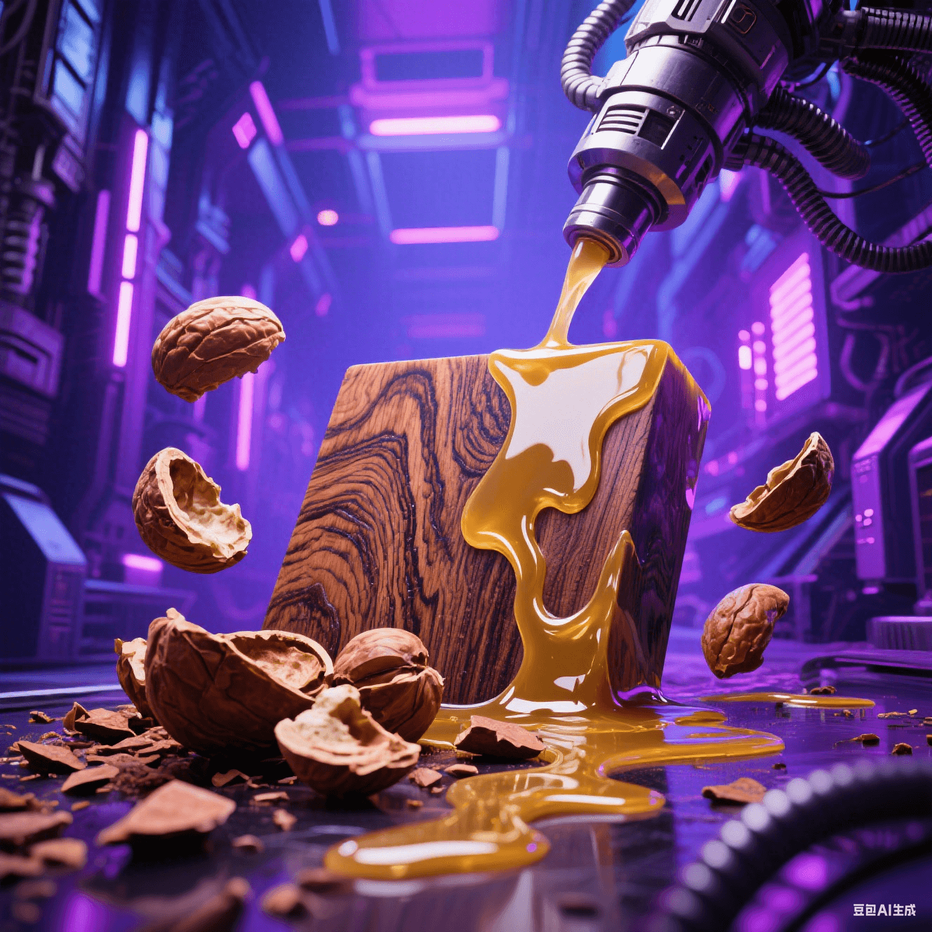 生物基樹脂合成：腰果殼原料（棕褐色有機碎片）融入金色液態(tài)樹脂，木紋肌理與環(huán)氧流光交融