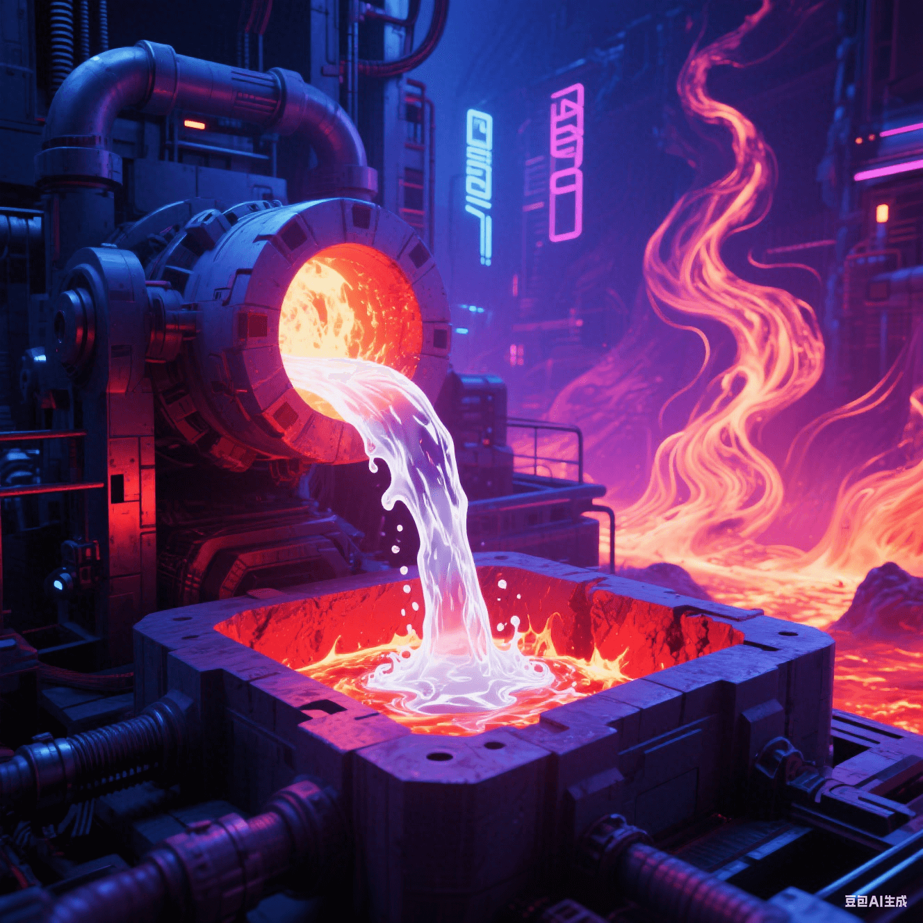 玻璃纖維熔爐：1400℃熾白巖漿狀玻液流入暗紅模具，背景扭曲熱浪  