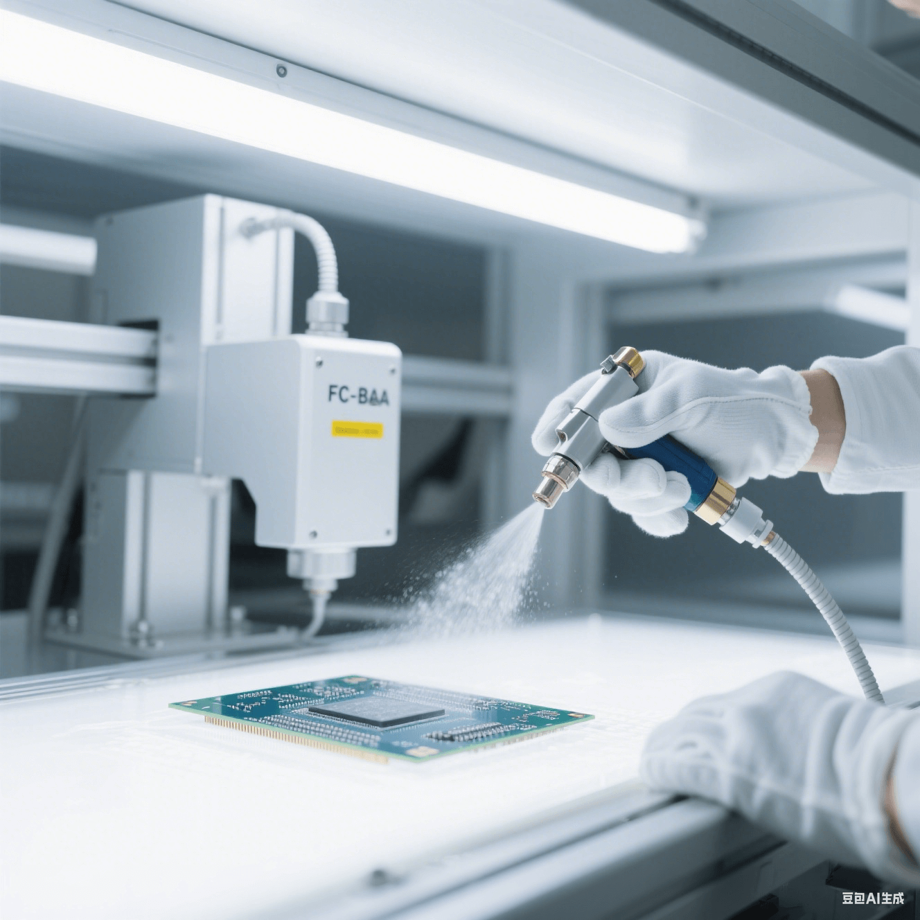 納米級(jí)清潔處理中的 FC-BGA 基板：基板置于超凈工作臺(tái)，清潔設(shè)備噴頭噴出細(xì)小液霧，工作人員戴專(zhuān)業(yè)手套操作，場(chǎng)景在白色潔凈燈光下，凸顯精細(xì)專(zhuān)業(yè)的清潔氛圍。