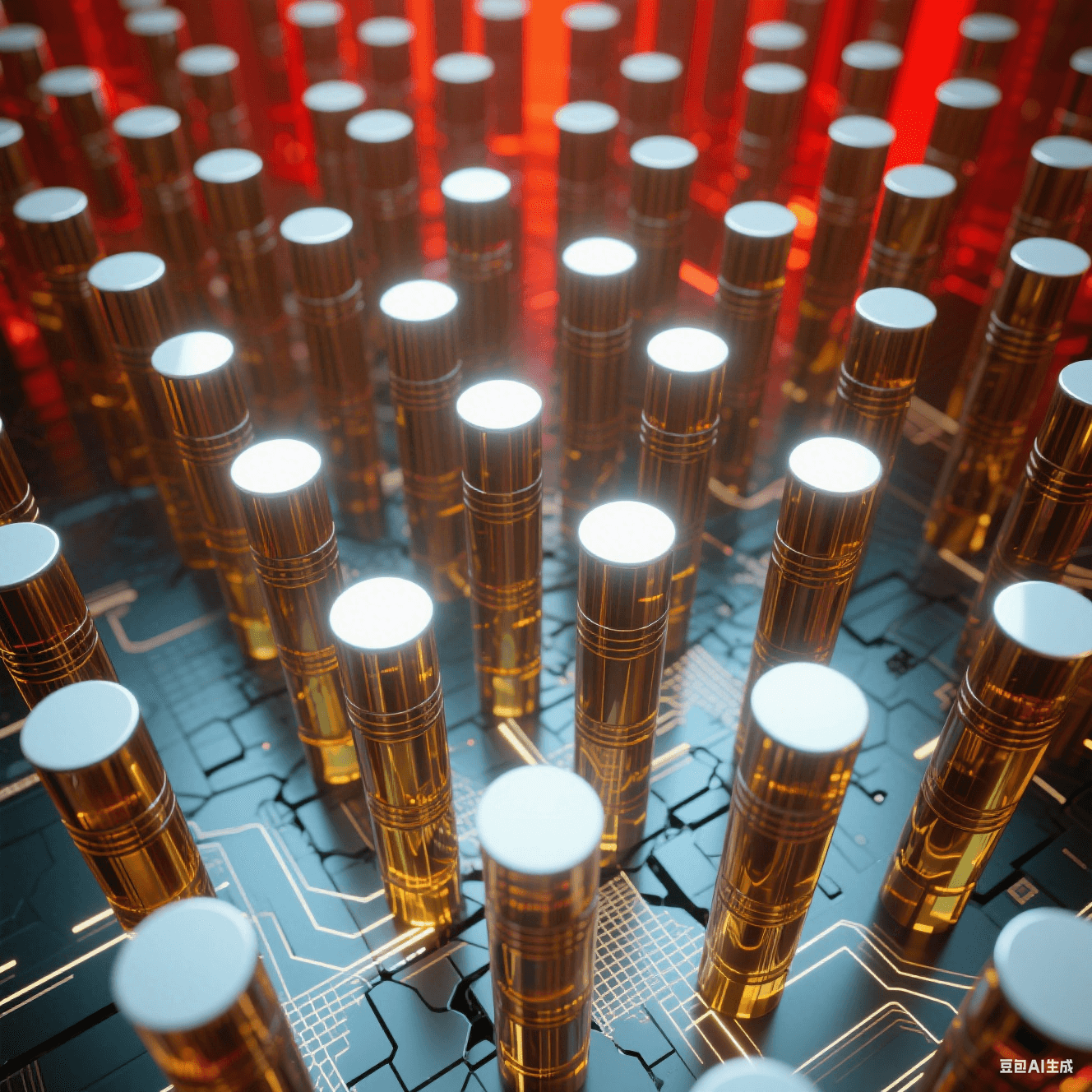 數(shù)百根青銅色圓柱從透明琥珀基材中破壁而出，柱頂平面反射環(huán)境光形成白色高光點。柱體側(cè)壁有精密車削紋理，背景虛化為熾紅色熱成像色塊，底部隱約透出網(wǎng)狀電路熒光。
