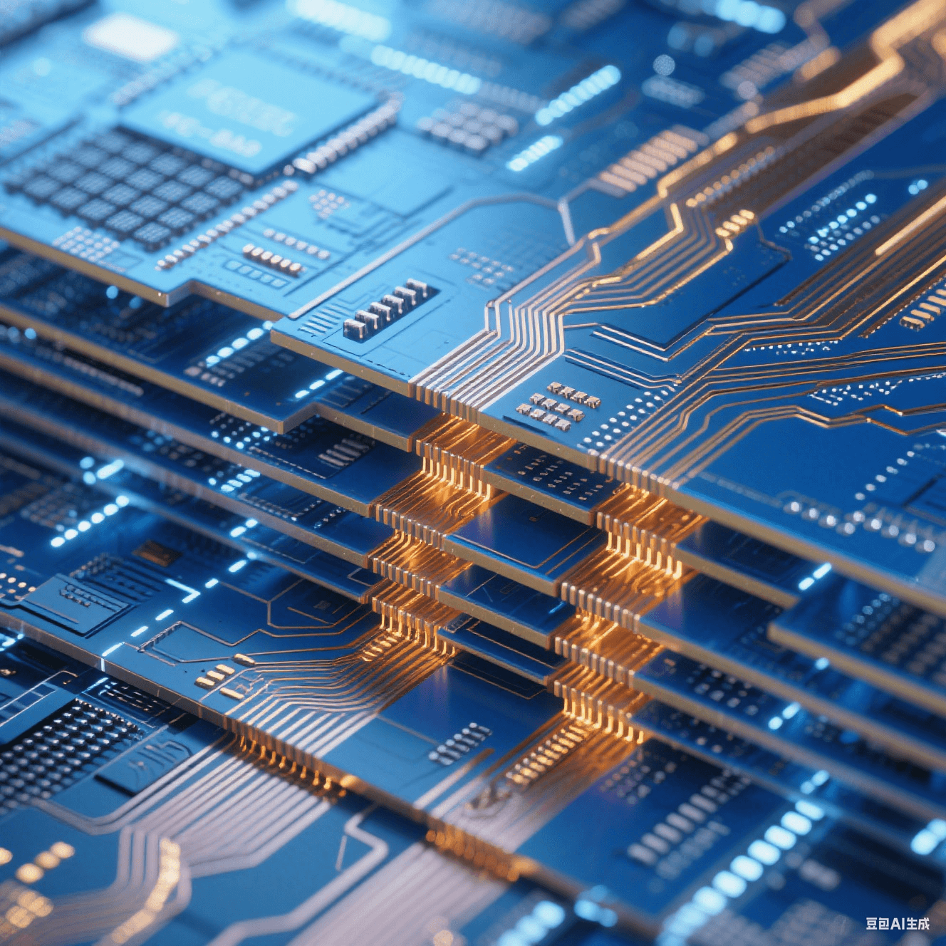 FC-BGA基板拋光剖面放大圖，呈現(xiàn)數(shù)十層藍金色交替的平行線路。絕緣層如深海藍寶石，銅線路如熔金河流，微孔通道貫穿層間形成垂直光柱。整體散發(fā)科幻感冷白光，邊緣有精密切割反光。