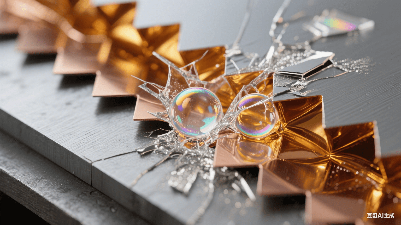 微距俯視：鋸齒狀銅箔縫隙中金色樹(shù)脂擠壓氣泡爆裂，碎片化納米銀霧，殘腔邊緣形成虹彩浸潤(rùn)環(huán)，熱壓板投射幾何陰影