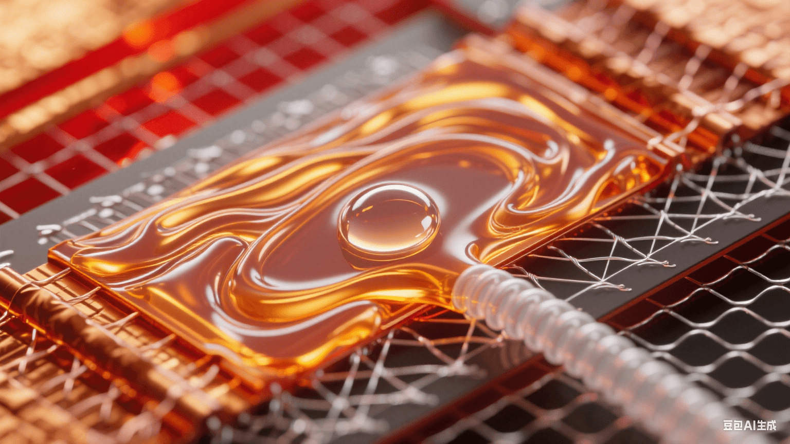 顯微穿透鏡頭：熔融琥珀樹(shù)脂層中氣泡被真空力拉伸成淚滴形態(tài)，尾部銀白氣流螺旋逃逸，高溫銅箔泛紅金光暈，玻璃纖維網(wǎng)格間可見(jiàn)氣體逸出路徑