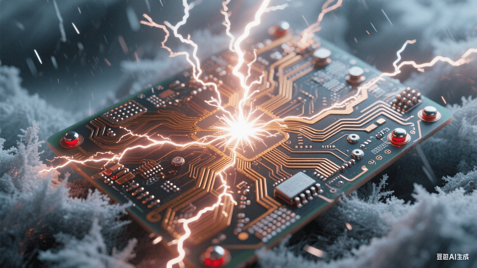 冰風(fēng)暴中的除顫器電路：樹狀金色電弧貫穿覆霜基板，星爆白光點(diǎn)亮冗余切換點(diǎn)，液態(tài)納米焊珠在-40℃環(huán)境中流動，紅色應(yīng)急微光穿透玻璃纖維織構(gòu)