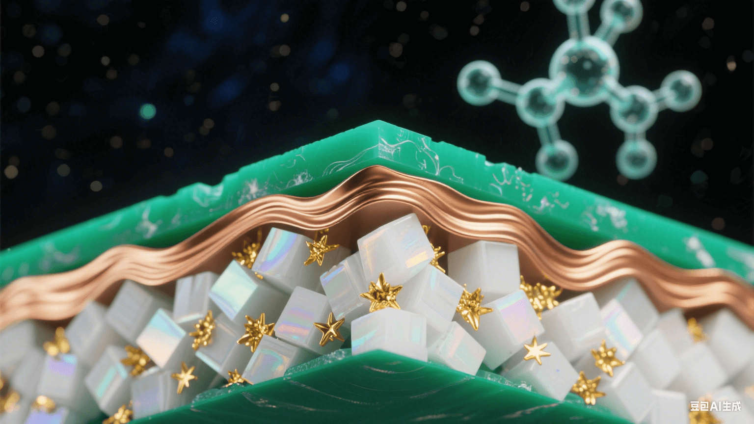 納米級高頻材料橫截面顯微圖，陶瓷填充PTFE基材形成翡翠綠與珍珠白晶體，黃金色導(dǎo)電粒子如星云散布，覆銅層呈熔金流體質(zhì)感，熱應(yīng)力波紋以虹彩漣漪呈現(xiàn)，背景懸浮柔光分子結(jié)構(gòu)模型