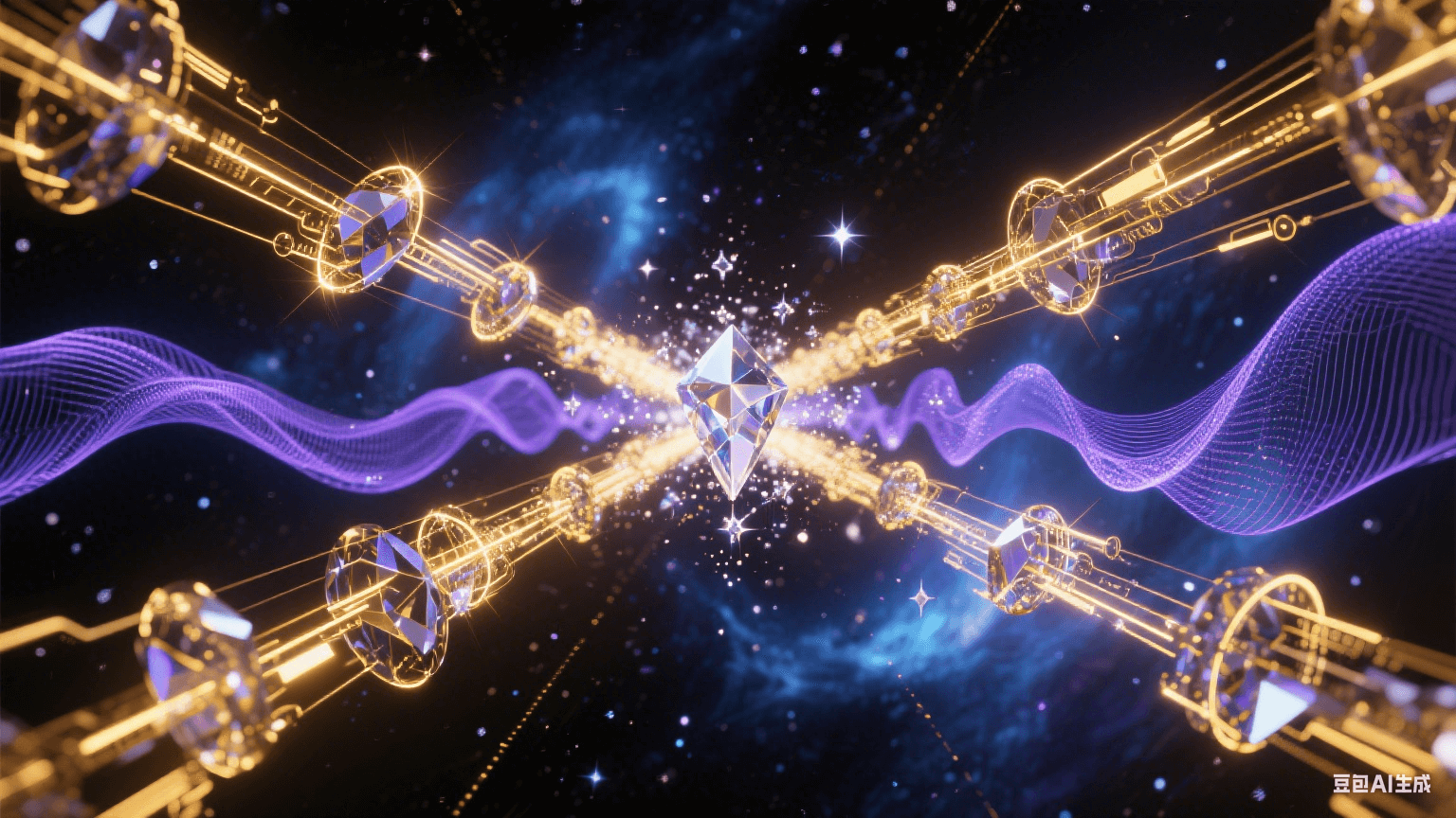 相位穩(wěn)定抽象科技藝術(shù)：水晶狀信號波束在暗宇宙精準(zhǔn)同步，黃金色電磁軌道平行延伸，藍(lán)紫色相位波紋穩(wěn)定擴(kuò)散，背景為量子藍(lán)與暗物質(zhì)黑漸變星云，光束交匯處有鉆石星塵特效