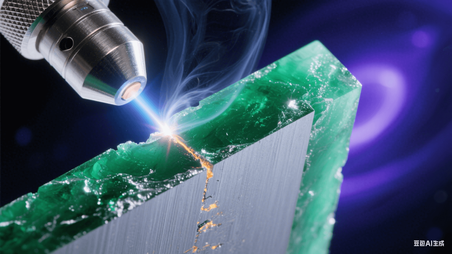 紫外激光束切割翡翠綠高頻基材，熔融邊緣泛水晶光澤，截面顯微視角顯示分子級光滑表面（Ra≤0.3μm），氮氣冷卻流吹散煙塵，深空背景中藍紫光斑與金屬冷光交織