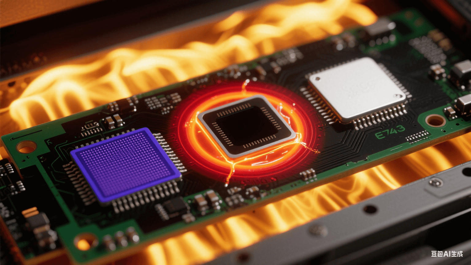 回流焊中 BGA 芯片三大缺陷熱成像：左下角虛焊（深藍(lán)低溫區(qū)）、右上角橋連（白熾熔融焊料）、中心空洞（紅黑環(huán)形熱梯度）