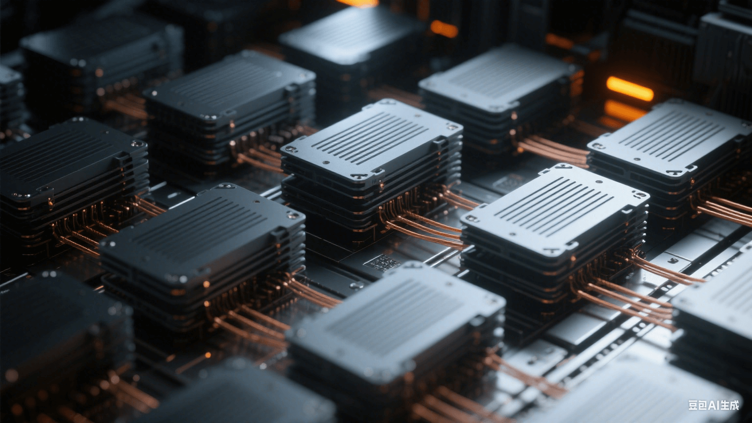 5G 毫米波基站內(nèi)部特寫：深灰色金屬相控陣模塊（帶散熱紋路）堆疊