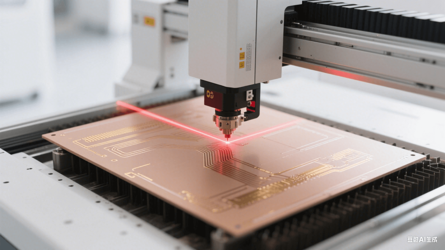 毫米波 PCB 制造場(chǎng)景：激光直繪設(shè)備用紅色激光加工淺棕色板材，表面有亮金色銅質(zhì)線路