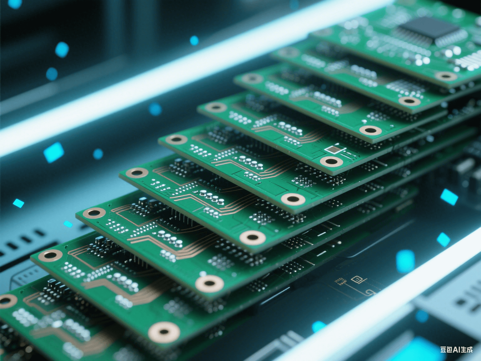 5G 基站內部電路板局部，多塊 PCB 階梯狀堆疊，帶銀白色焊點與銅色走線，冷光下顯科技感