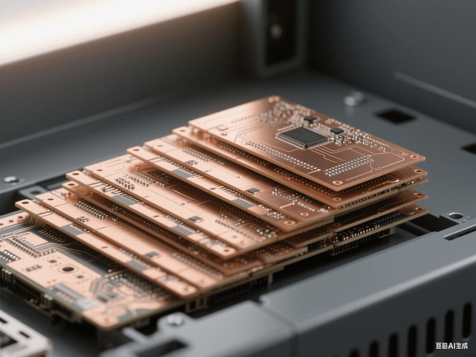 服務器機箱內 PCB 組件，多層水平排列，銅質接地層側光反射，淺棕色介質層顯層壓痕跡