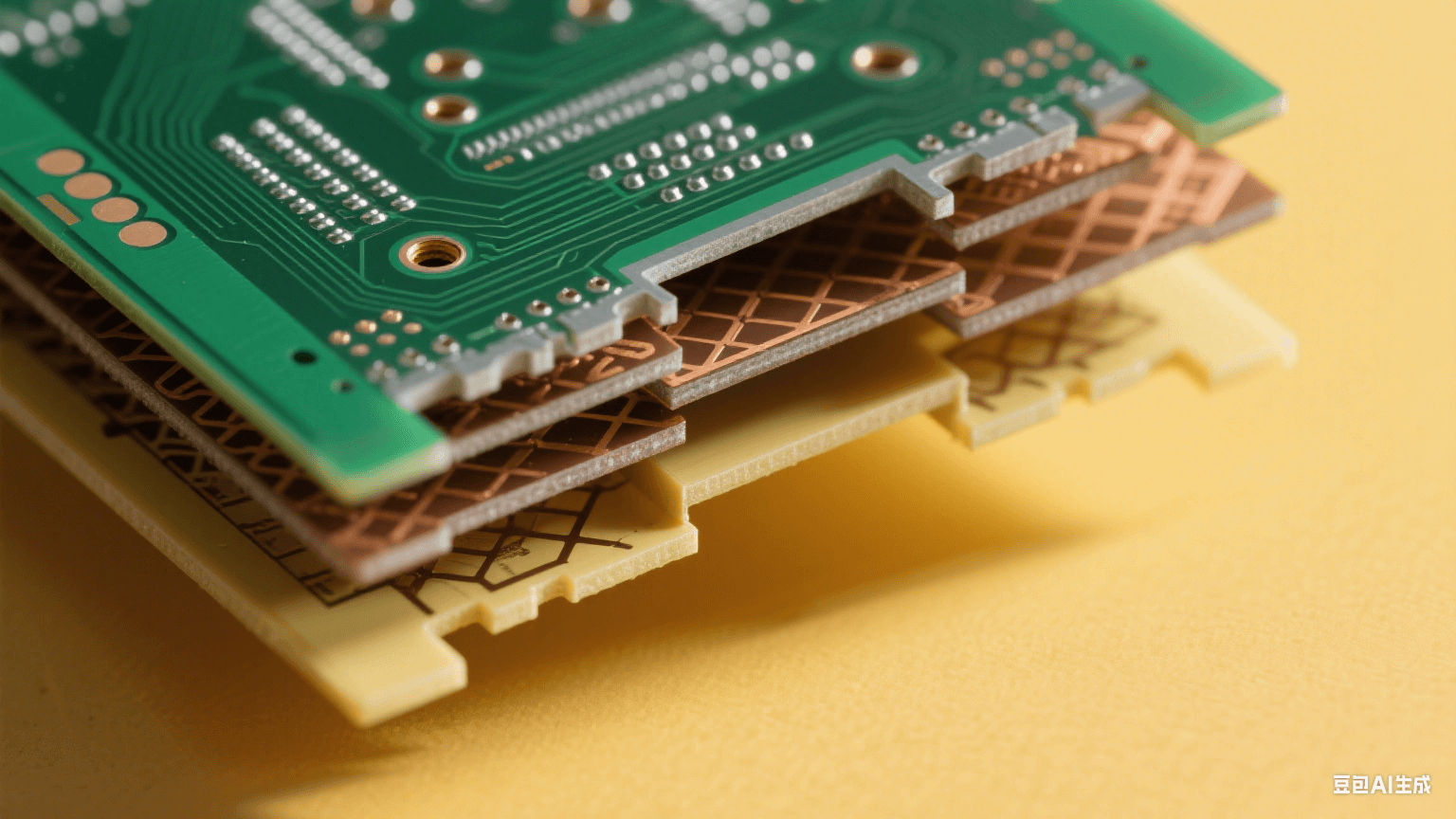 45° 傾斜多層 PCB，頂層深綠基板有 0.1mm 微孔（銀灰色金屬孔壁），中間層棕色半固化片埋孔與交錯銅箔網(wǎng)格，底層淺黃 FR-4 形成色彩對比，左側(cè)暖黃側(cè)光在層間投細長陰影