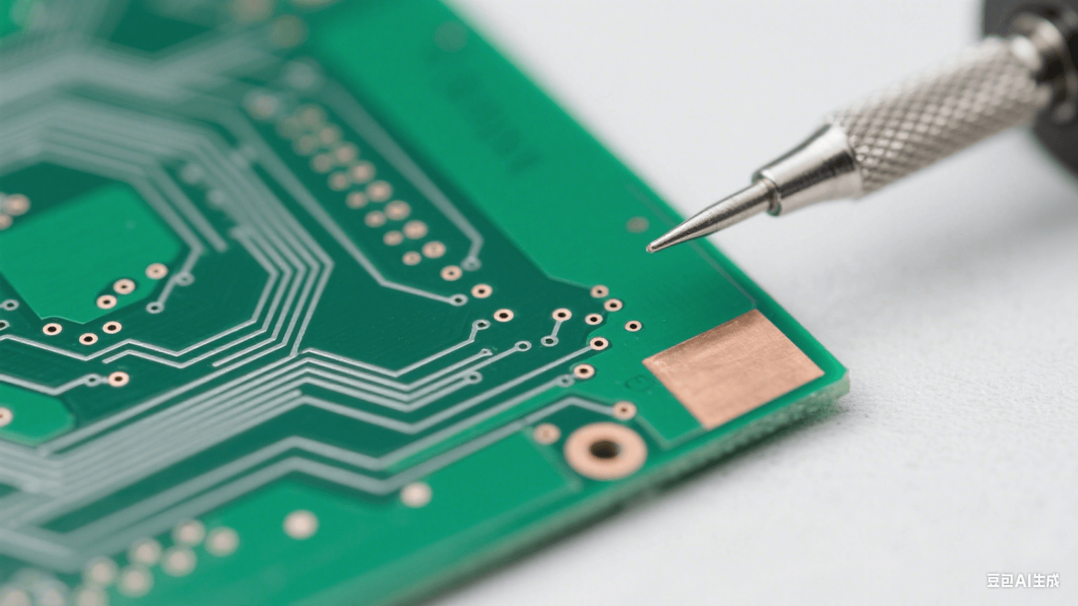 綠色 FR-4 基板上有銀灰色細密銅線路（邊緣光滑）與 0.05mm 微孔，一角露出羅杰斯 RO4000 淺棕色層壓結(jié)構(gòu)，冷白光下銅箔反光，背景為虛化淺灰工作臺，磨砂金屬探針局部接觸基板