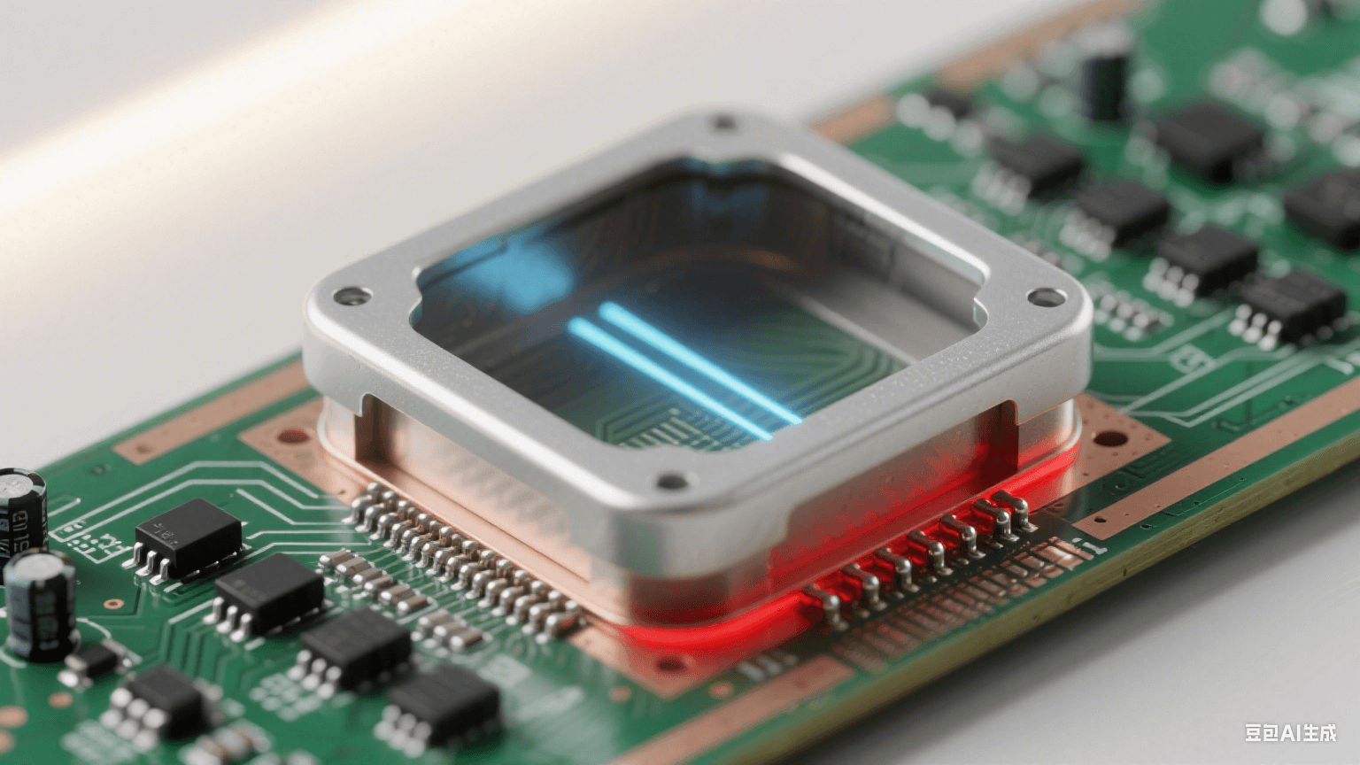 EMC 屏蔽與抗干擾：毫米波雷達板局部，銀灰色屏蔽罩封閉高頻區(qū)（底部與接地銅箔縫隙＜0.1mm），罩外深綠基板上有黑色高頻電容 / 磁珠陣列，銀灰線路與高頻線路被淺棕隔離帶分隔