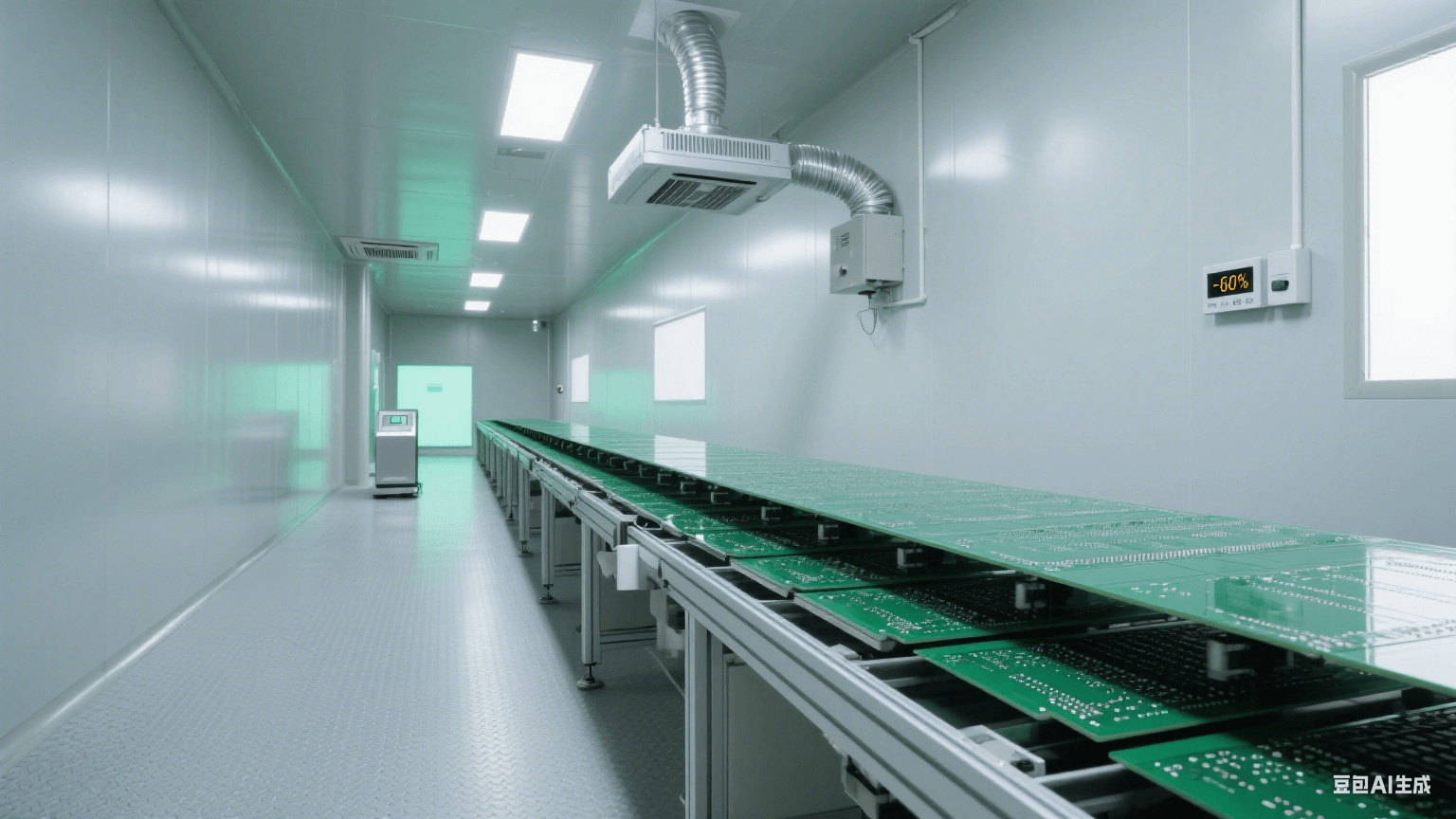高濕度防靜電：深綠色 PCB 在流水線(xiàn)，頂部銀色除濕裝置吹氣，淺灰防靜電地板，遠(yuǎn)處?kù)o電場(chǎng)計(jì)泛綠光，冷灰側(cè)光顯干燥潔凈