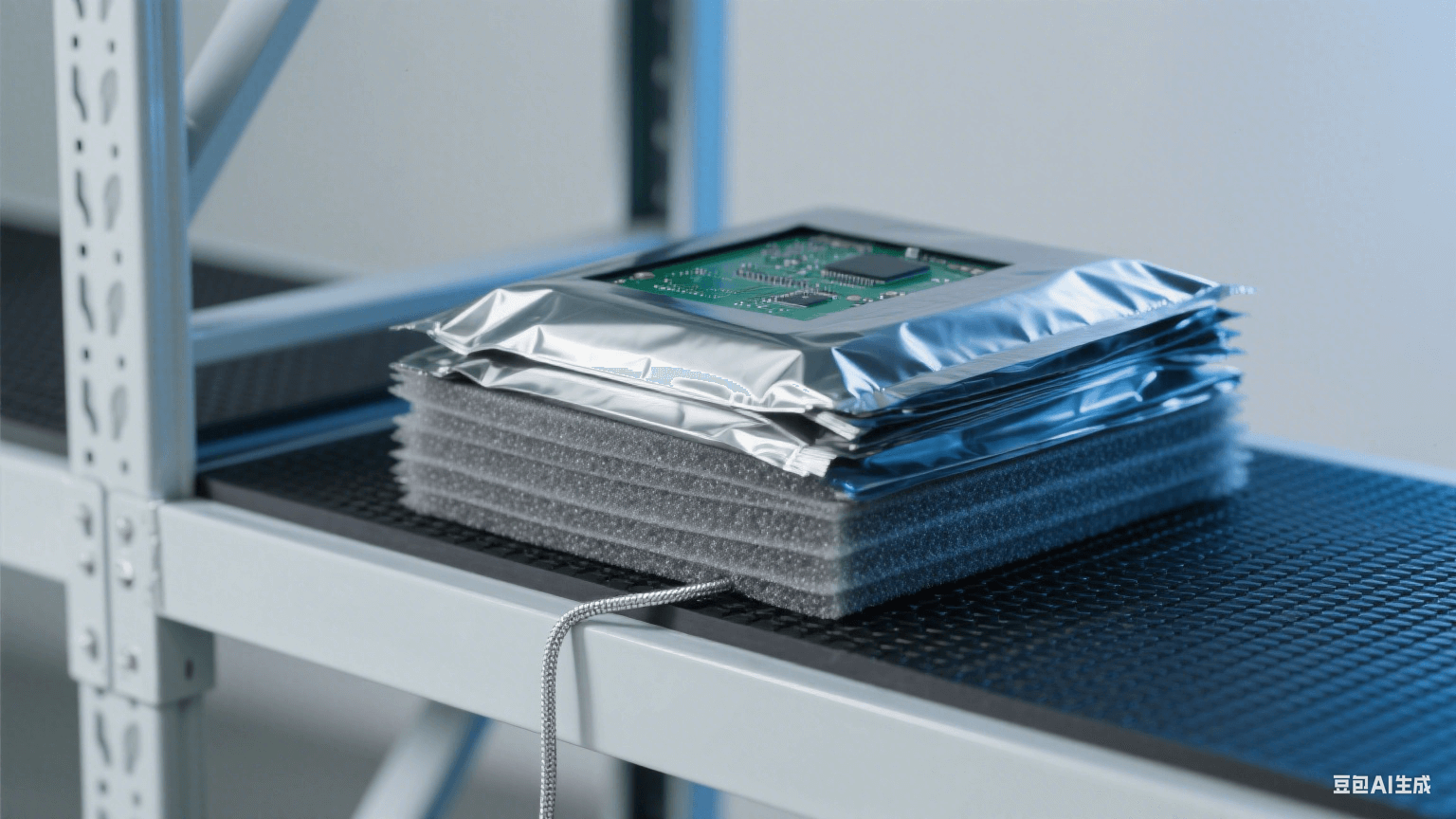 倉(cāng)儲(chǔ)防靜電包裝：淺灰貨架鋪黑色橡膠墊（連銀色接地線(xiàn)），鍍鋁屏蔽袋包裹 PCB，層間夾灰色珍珠棉，冷藍(lán)光凸顯屏蔽防護(hù)